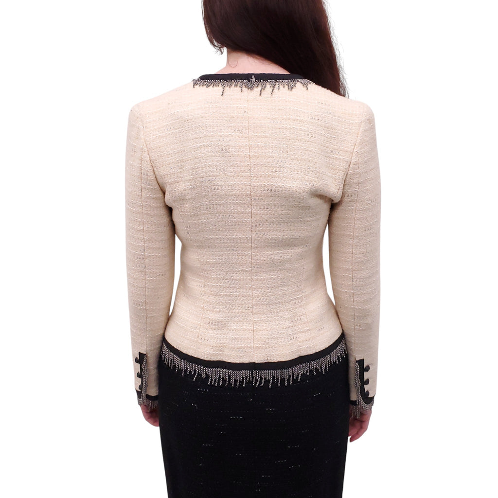 CHANEL CREAM AND BLACK TWEED CHAIN FRINGE TRIMMED JACKET WITH OWL BUTTONS - SIZE 38