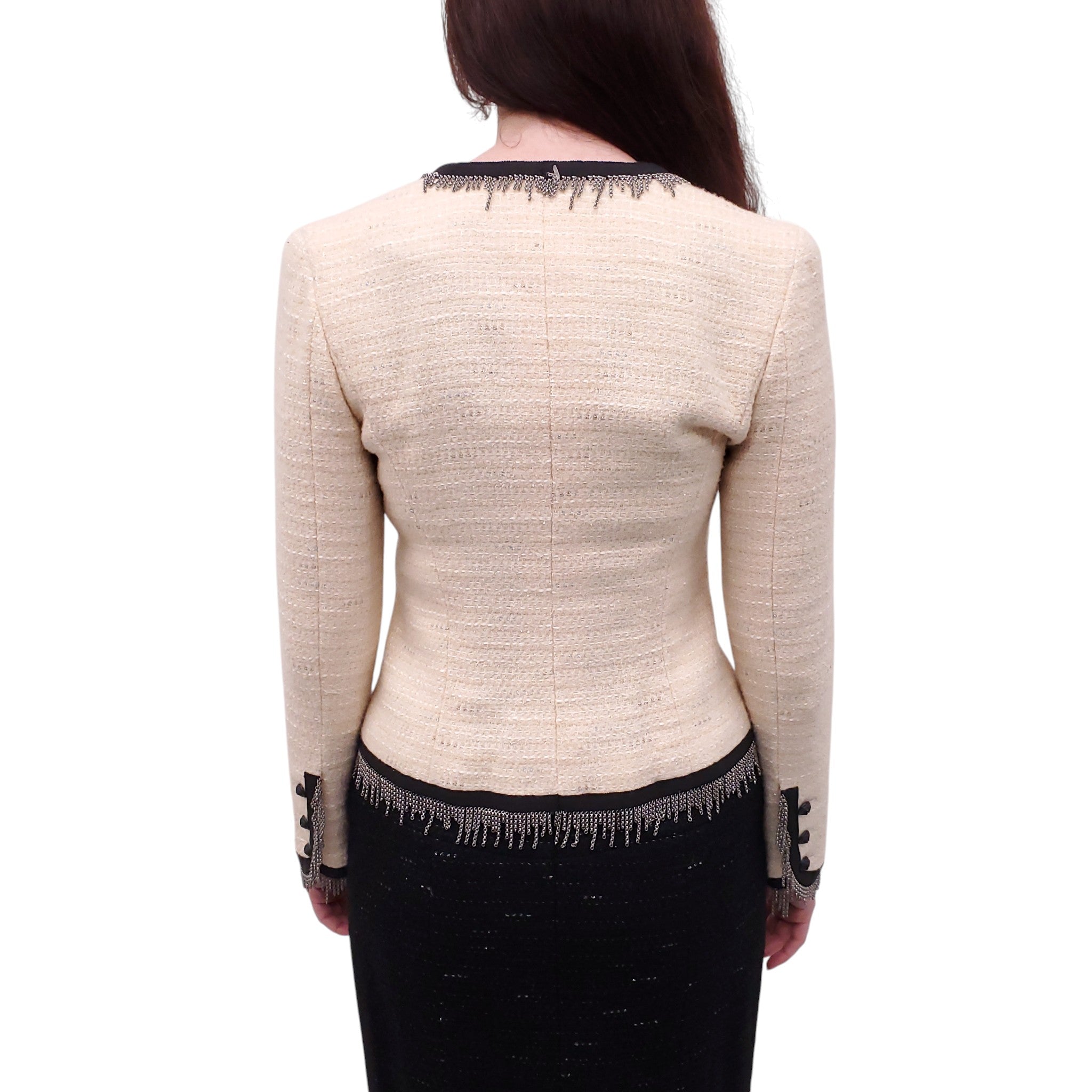 CHANEL CREAM AND BLACK TWEED CHAIN FRINGE TRIMMED JACKET WITH OWL BUTTONS - SIZE 38