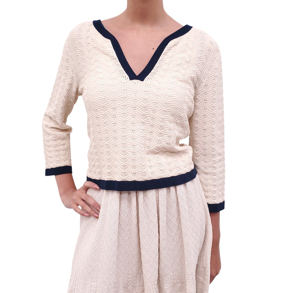 CHANEL CREAM AND NAVY 2-PIECE KNIT SKIRT SET - SIZE 36