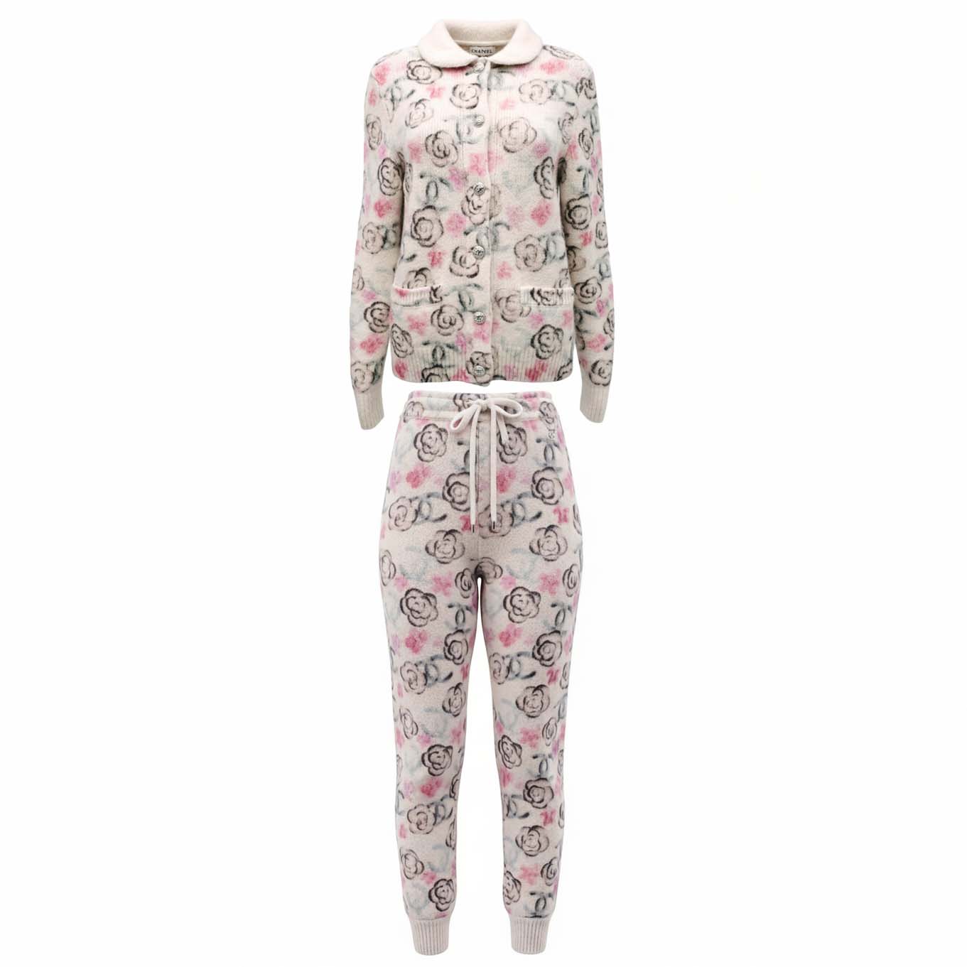 CHANEL CREAM AND PINK CASHMERE FLORAL PANTS - SIZE 38