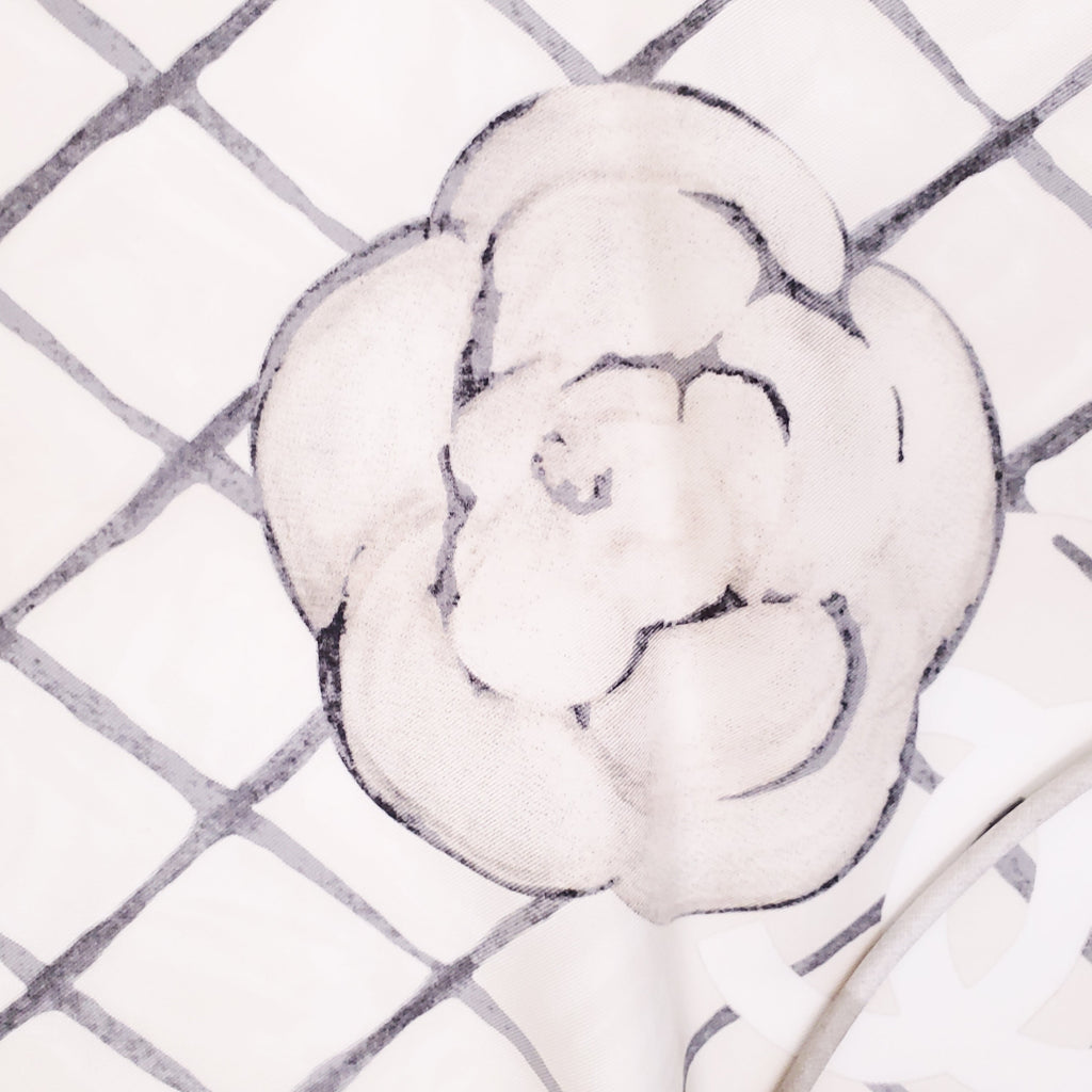 CHANEL CREAM CAMÉLIA LOGO SILK SCARF