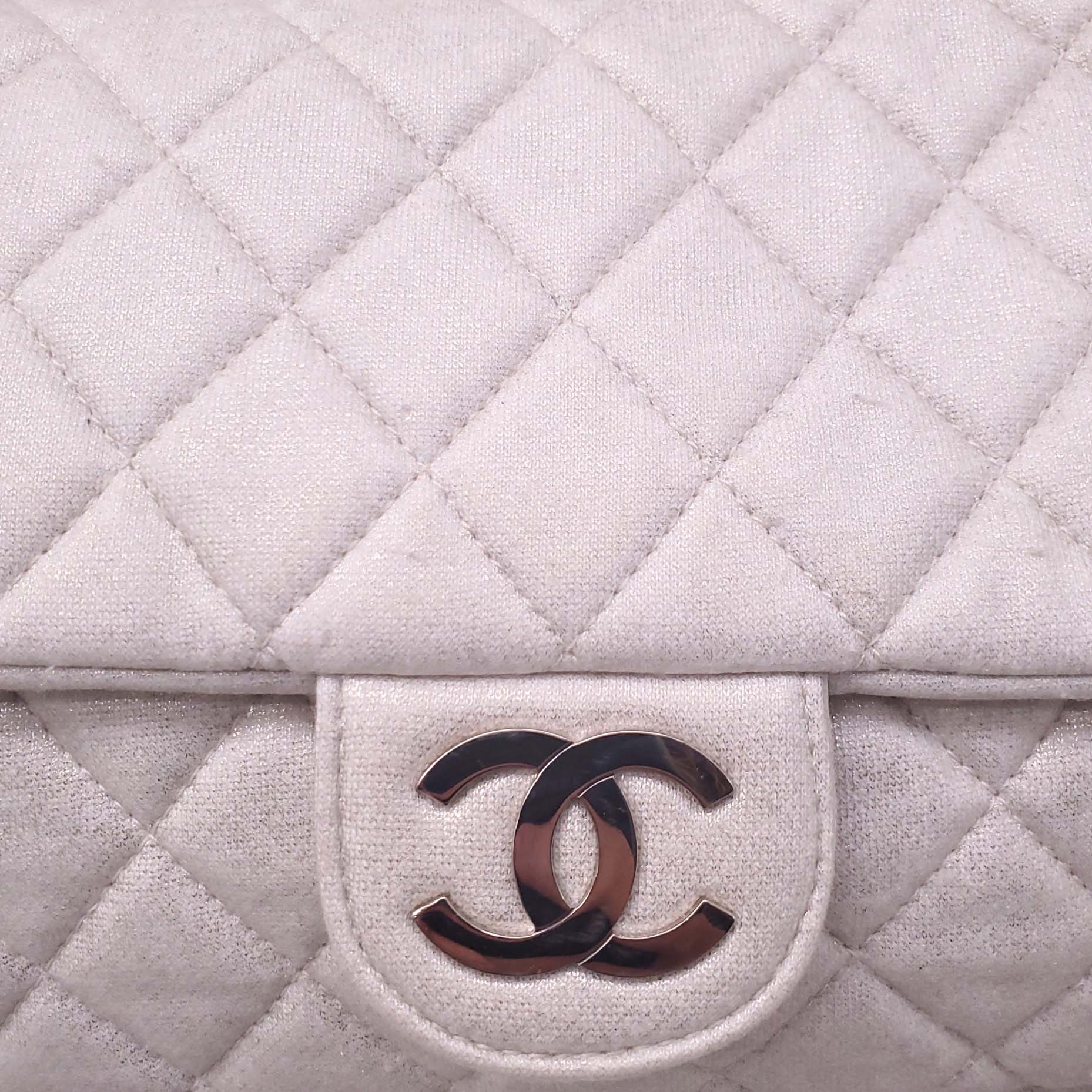CHANEL CREAM SHIMMER QUILTED JERSEY CC FLAP BAG