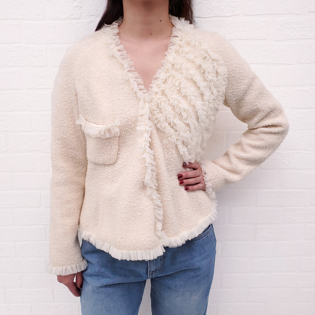 CHANEL CREAM TWEED RUFFLE JACKET - SIZE 38