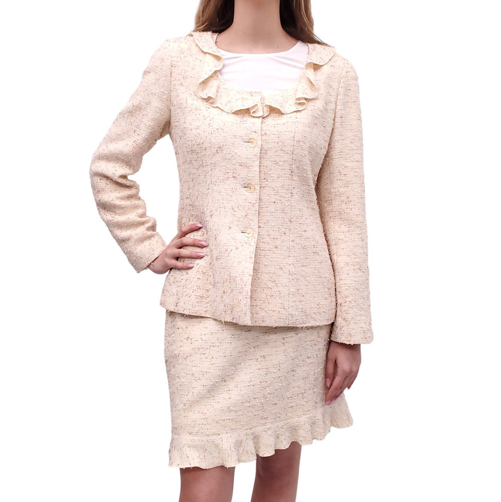 CHANEL F/W 1999 BUTTER YELLOW TWEED SUIT WITH RUFFLE DETAIL - SIZE 40
