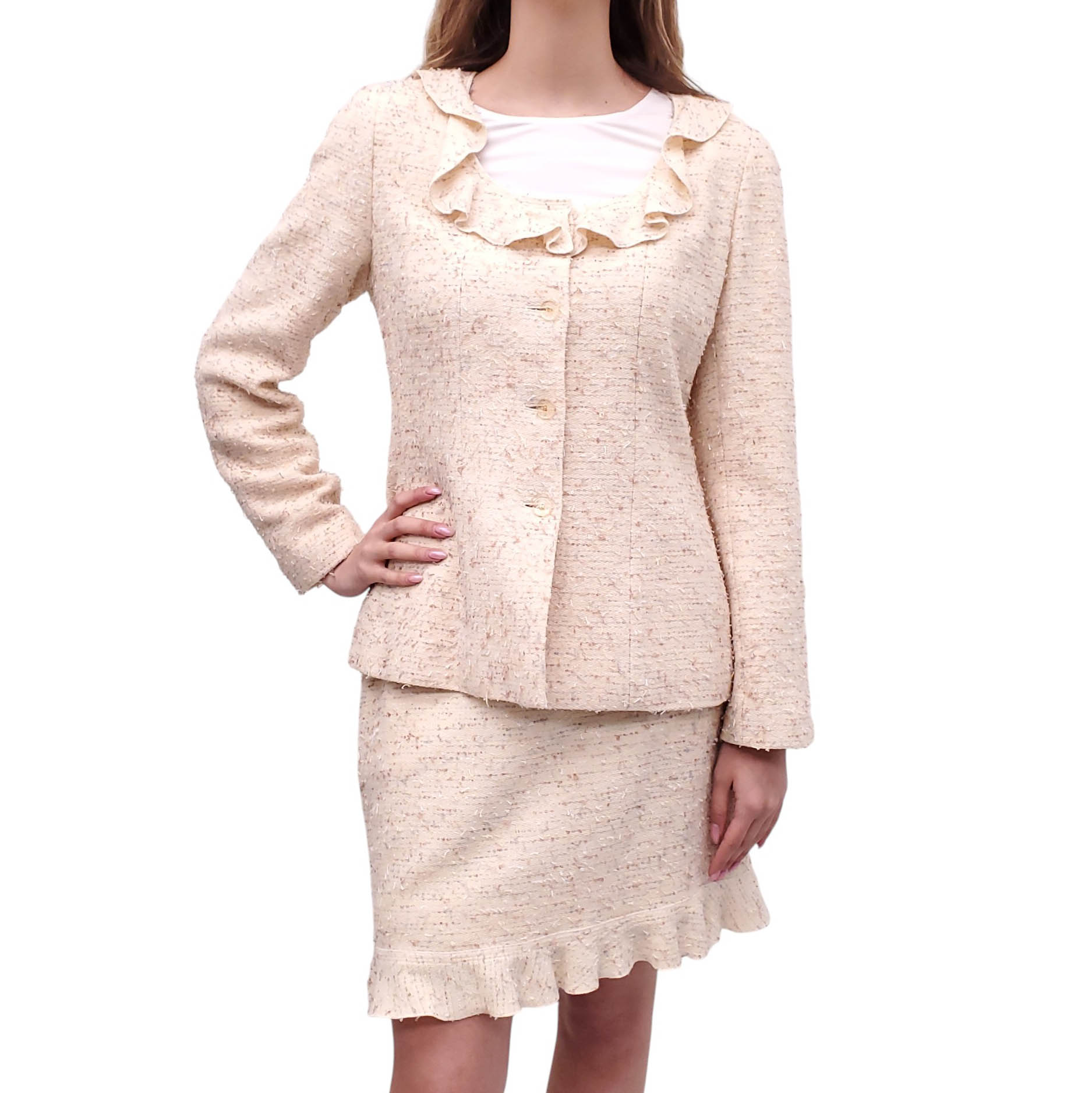 CHANEL F/W 1999 BUTTER YELLOW TWEED SUIT WITH RUFFLE DETAIL - SIZE 40