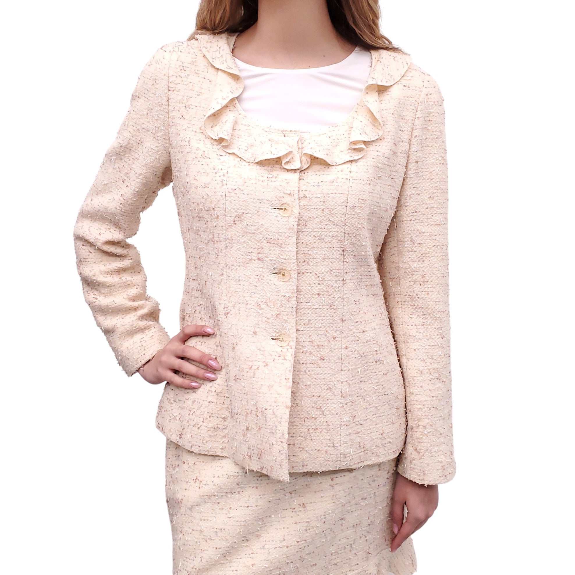 CHANEL F/W 1999 BUTTER YELLOW TWEED SUIT WITH RUFFLE DETAIL - SIZE 40