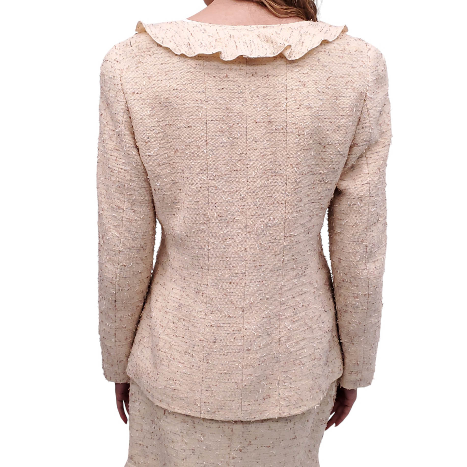 CHANEL F/W 1999 BUTTER YELLOW TWEED SUIT WITH RUFFLE DETAIL - SIZE 40