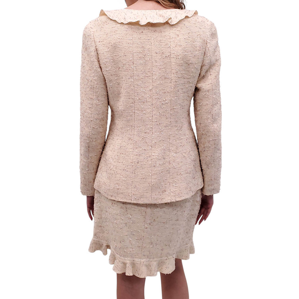 CHANEL F/W 1999 BUTTER YELLOW TWEED SUIT WITH RUFFLE DETAIL - SIZE 40