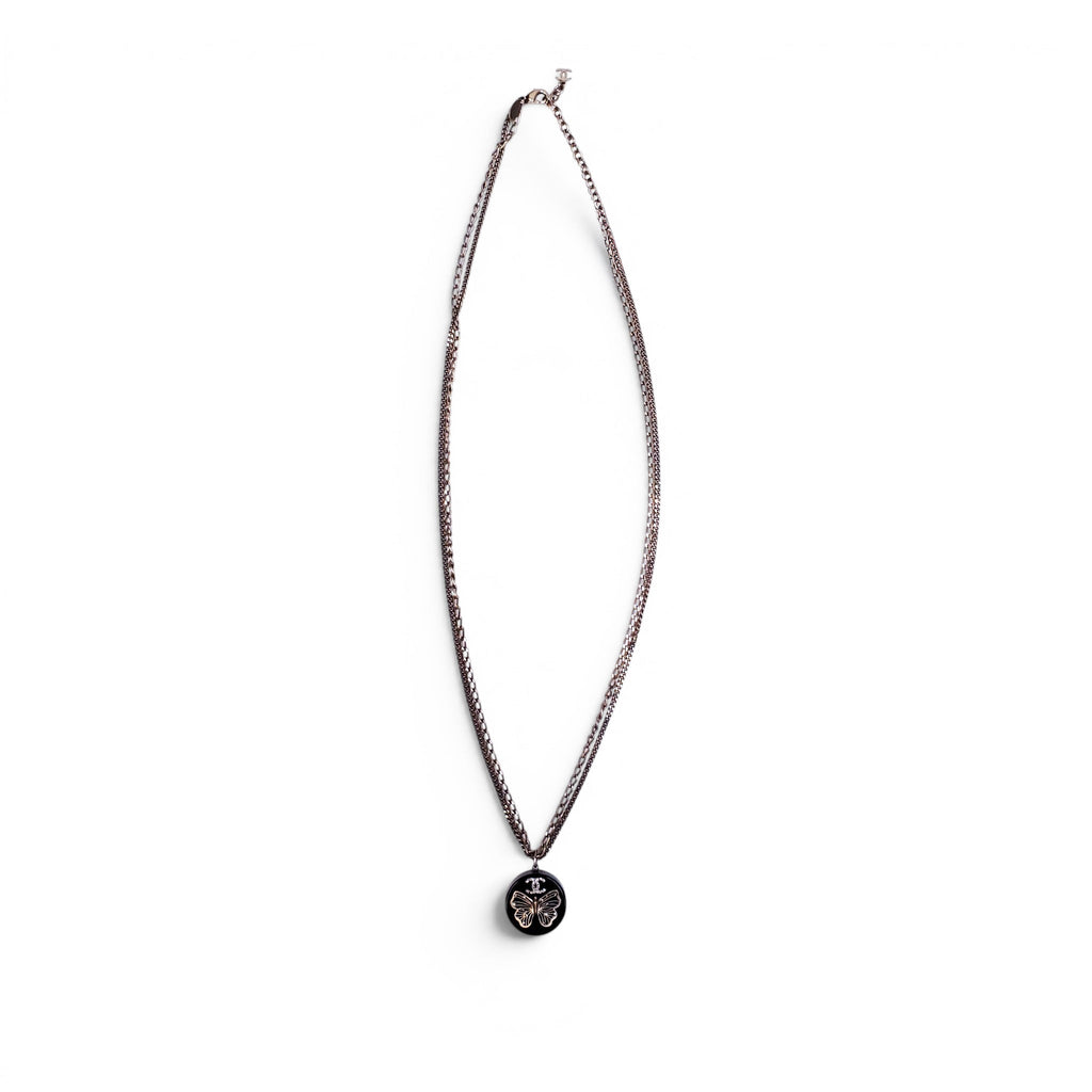 CHANEL GOLD BUTTERFLY AND CRYSTAL LOGO ENAMEL NECKLACE