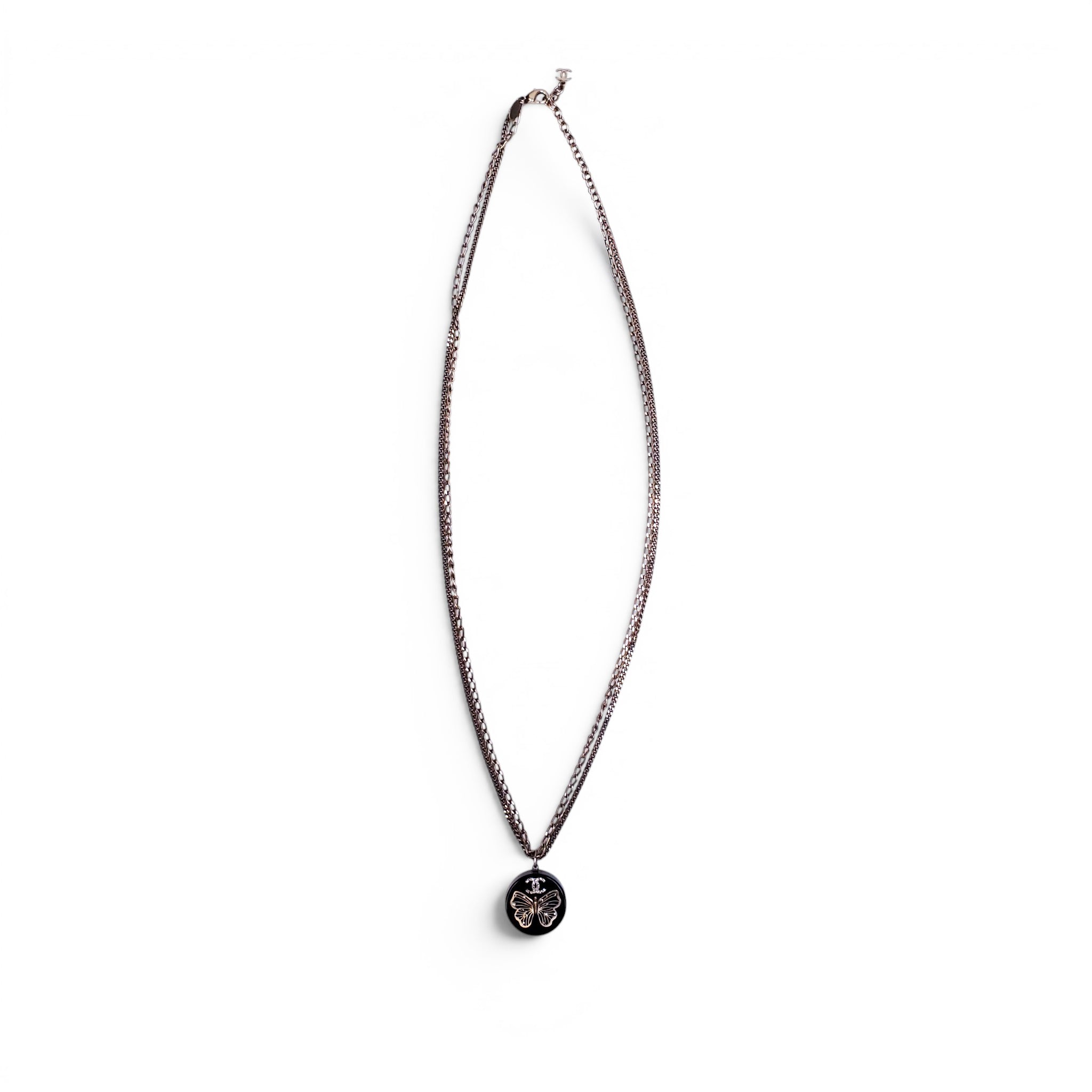 CHANEL GOLD BUTTERFLY AND CRYSTAL LOGO ENAMEL NECKLACE