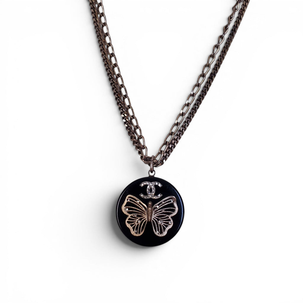 CHANEL GOLD BUTTERFLY AND CRYSTAL LOGO ENAMEL NECKLACE