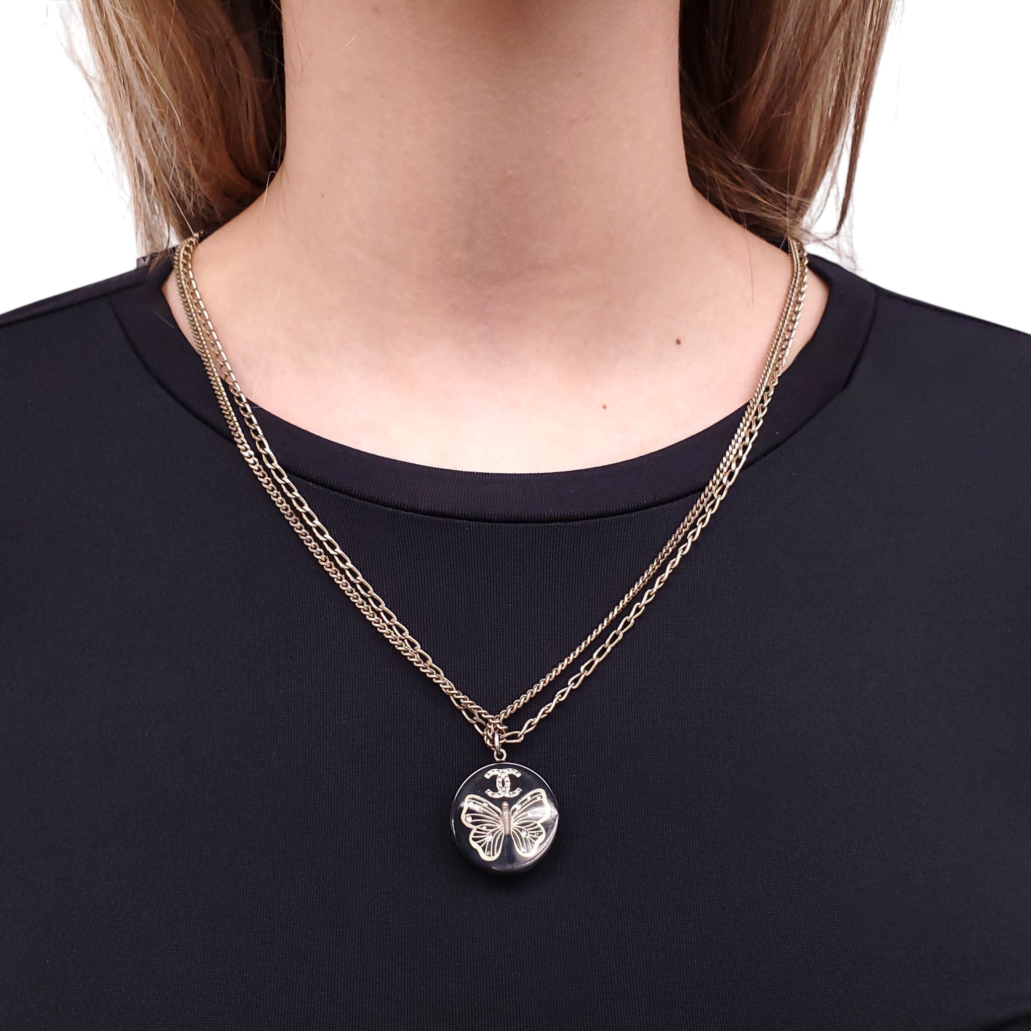 CHANEL GOLD BUTTERFLY AND CRYSTAL LOGO ENAMEL NECKLACE