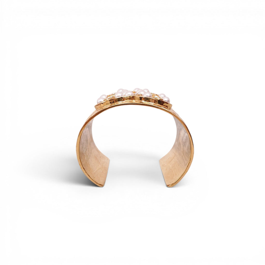 CHANEL GOLD CUFF WITH PEARL AND CRYSTAL CC LOGO