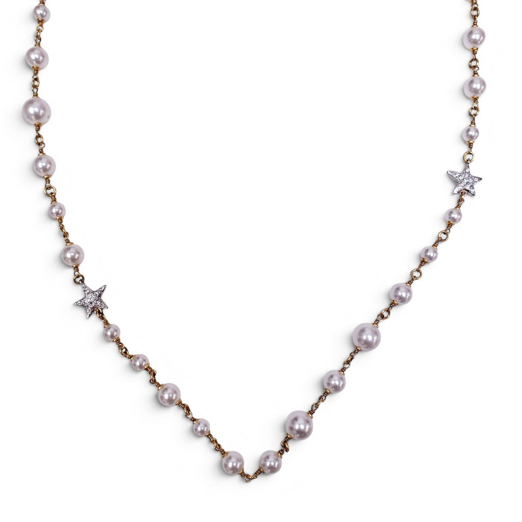 CHANEL GOLD NECKLACE WITH CREAM PEARLS, STARS, AND CC LOGO