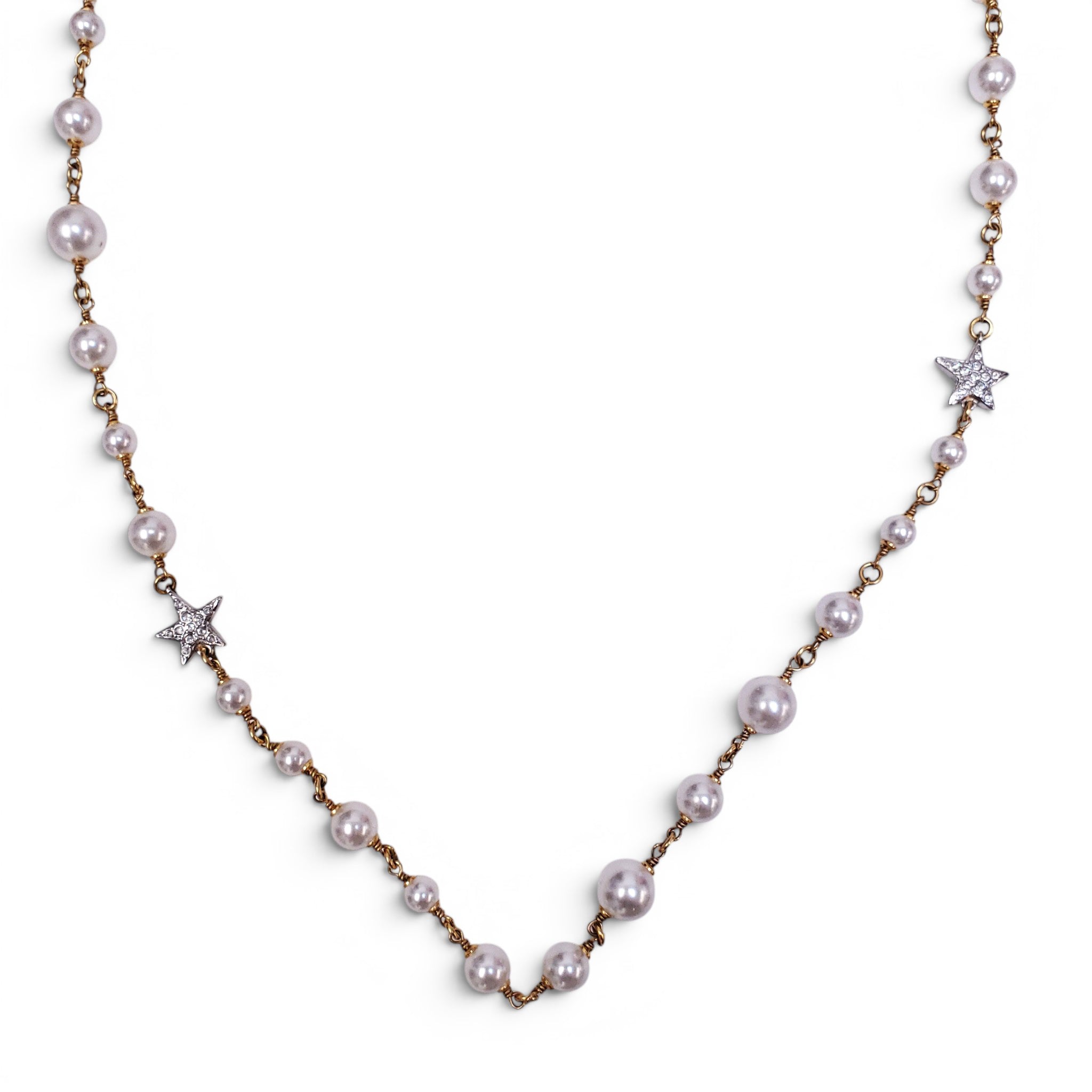 CHANEL GOLD NECKLACE WITH CREAM PEARLS, STARS, AND CC LOGO