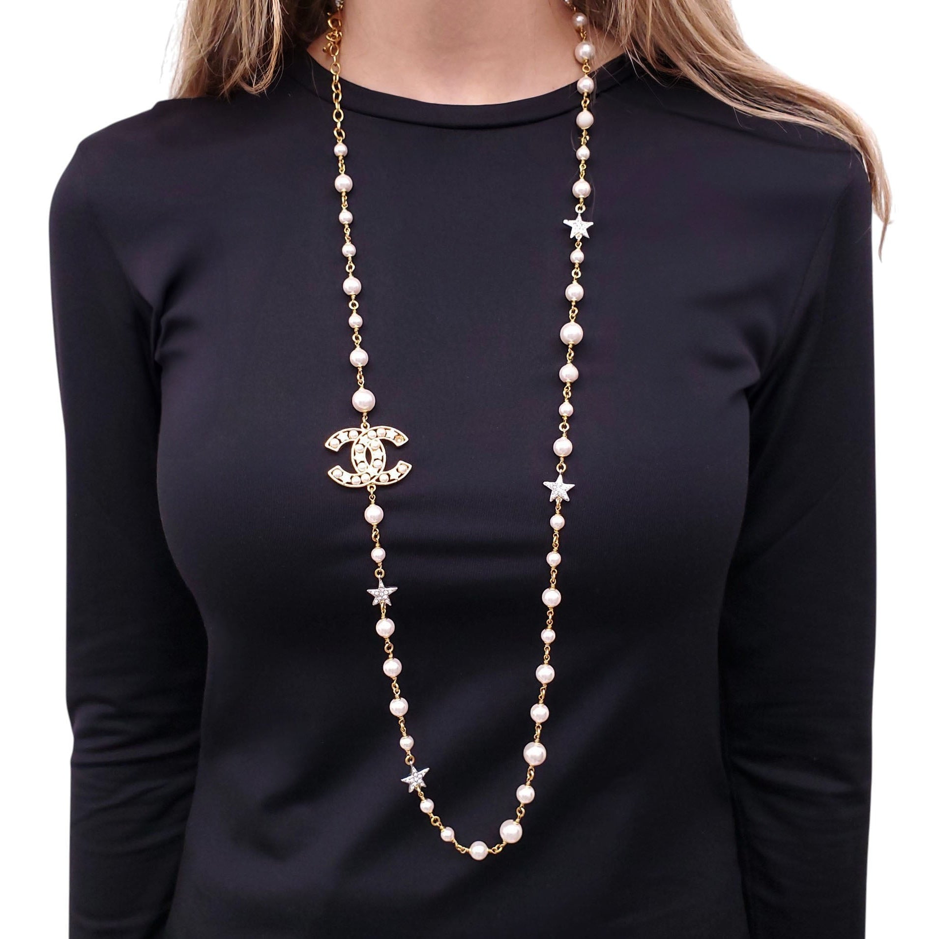 CHANEL GOLD NECKLACE WITH CREAM PEARLS, STARS, AND CC LOGO