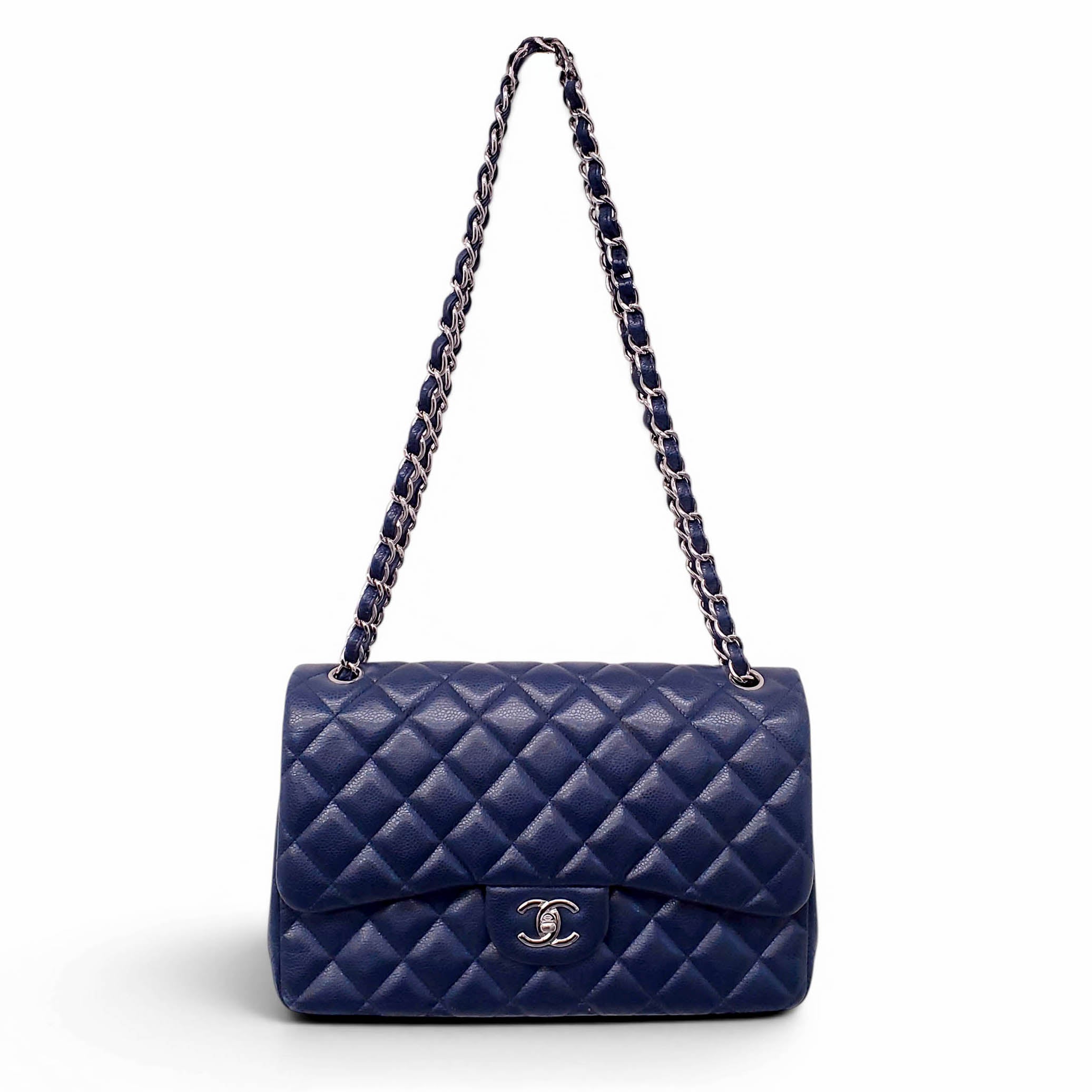 CHANEL JUMBO NAVY CAVIAR LEATHER DOUBLE FLAP BAG