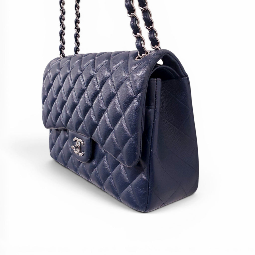CHANEL JUMBO NAVY CAVIAR LEATHER DOUBLE FLAP BAG