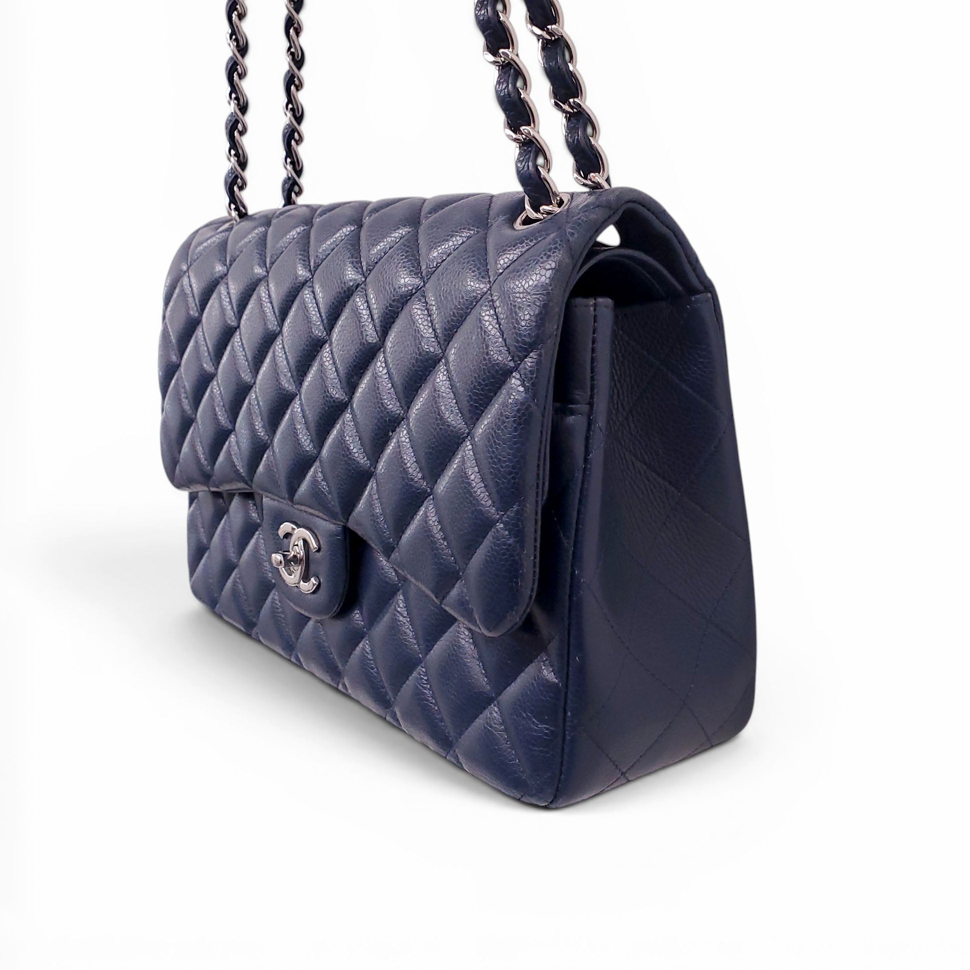 CHANEL JUMBO NAVY CAVIAR LEATHER DOUBLE FLAP BAG