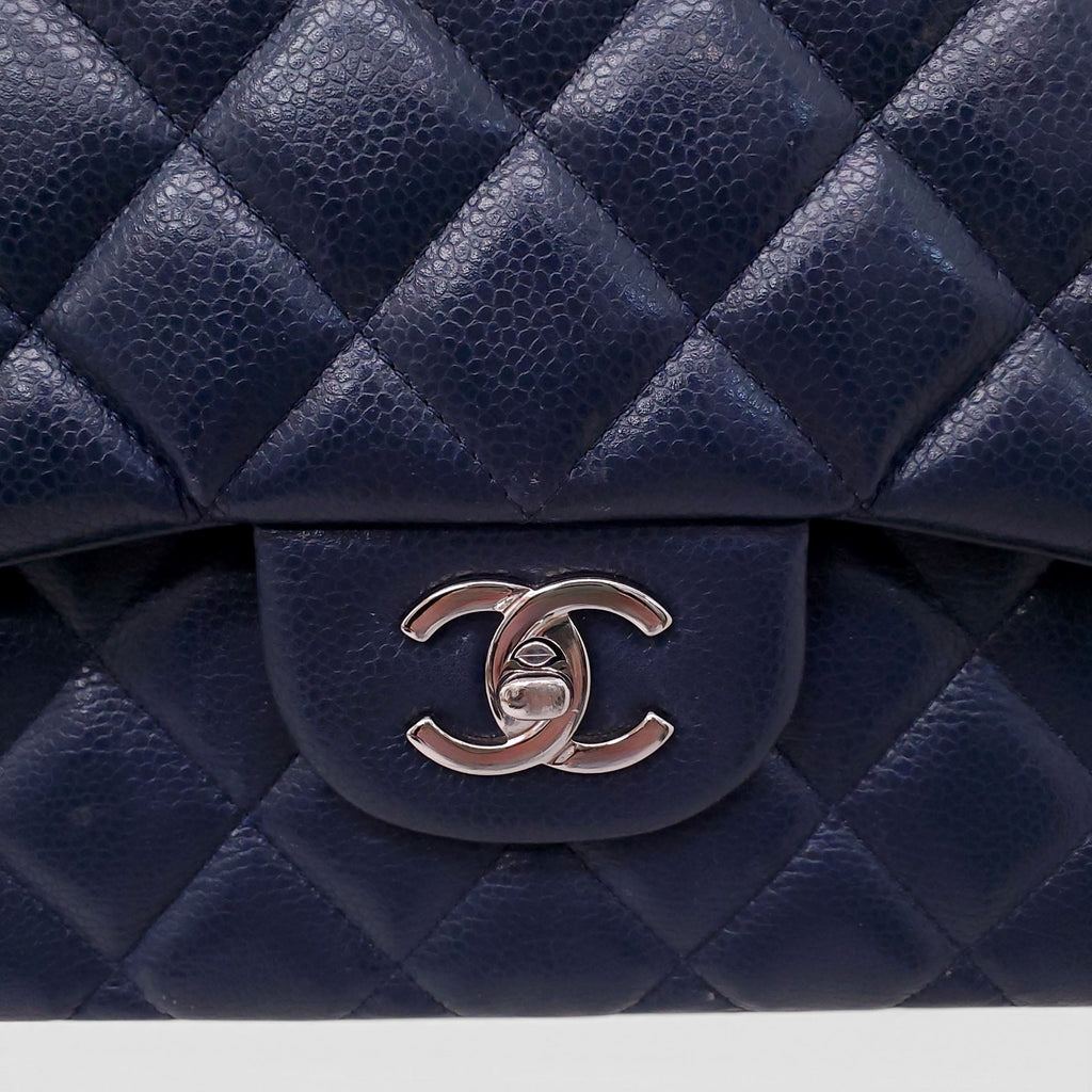 CHANEL JUMBO NAVY CAVIAR LEATHER DOUBLE FLAP BAG
