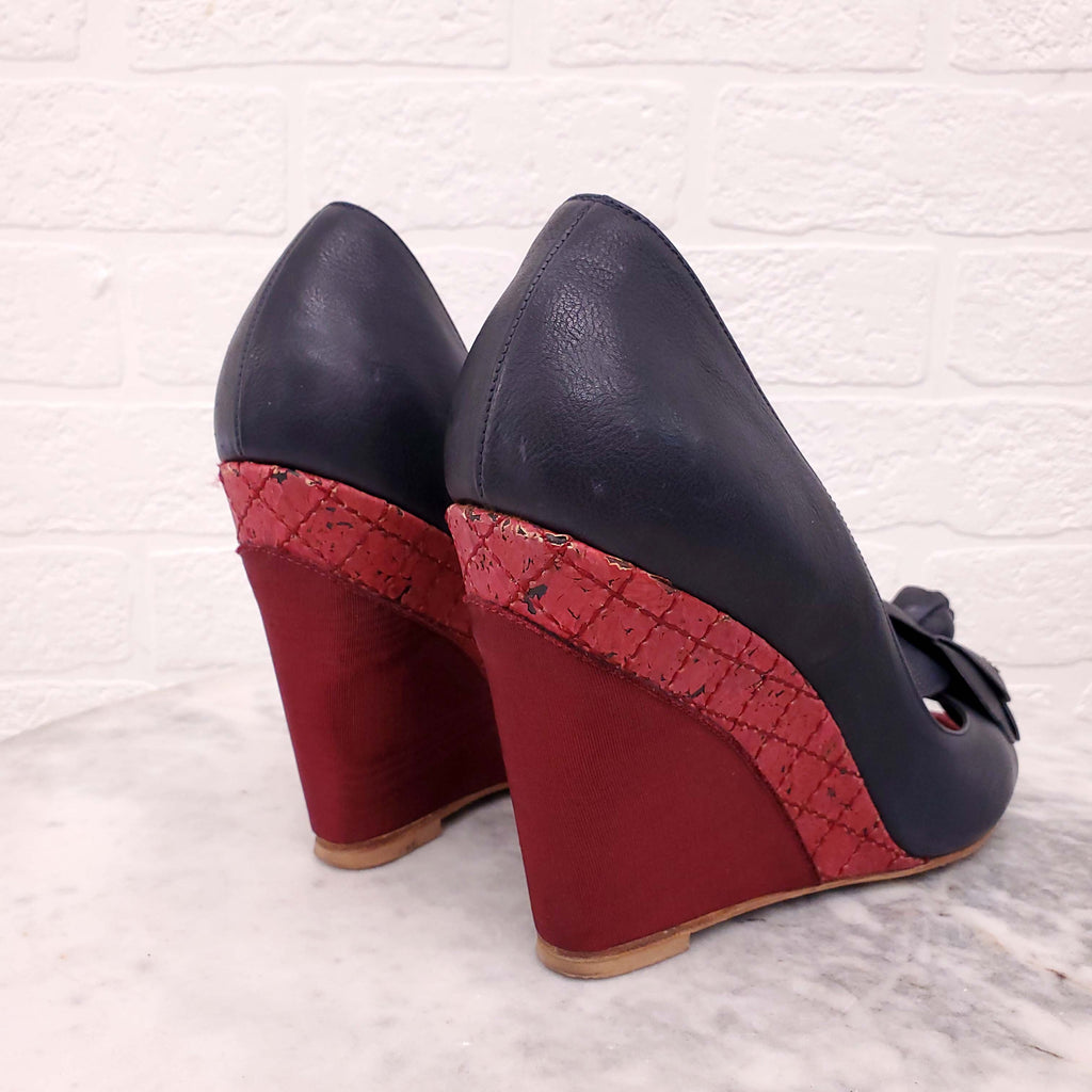 CHANEL NAVY AND BURGUNDY WEDGES - SIZE 40.5