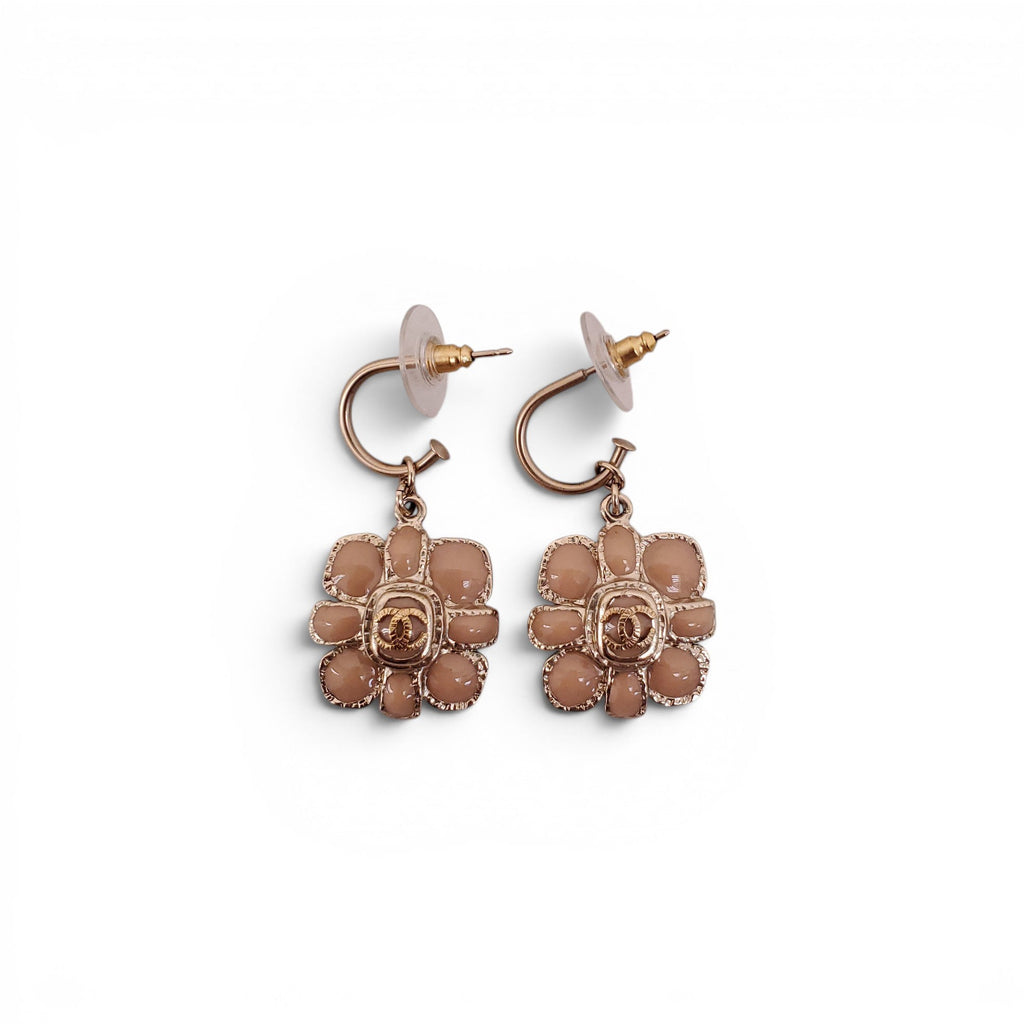 CHANEL NUDE ENAMEL FLORAL LOGO DROP EARRINGS
