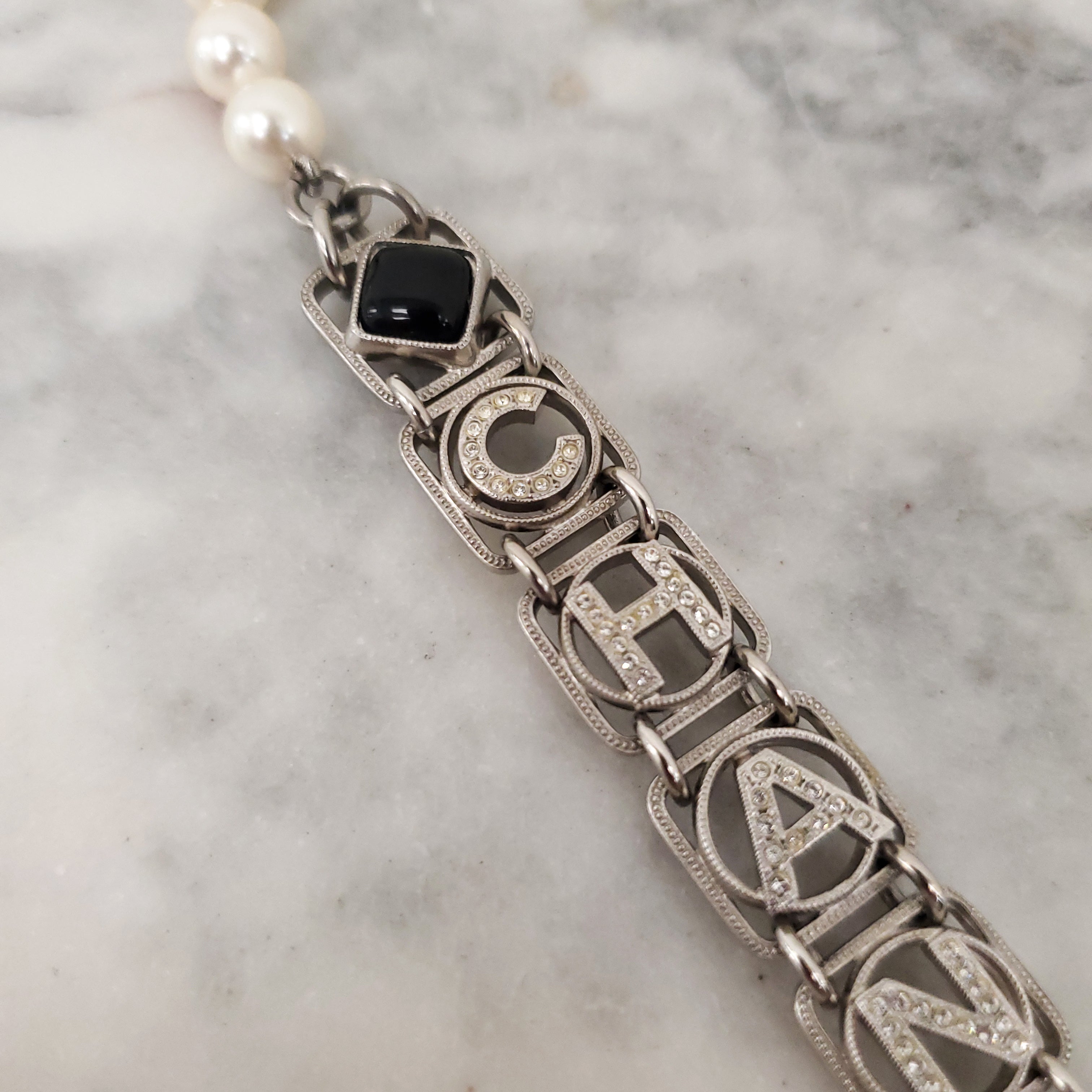 CHANEL PEARL AND SQUARE CRYSTAL 'CHANEL' NECKLACE