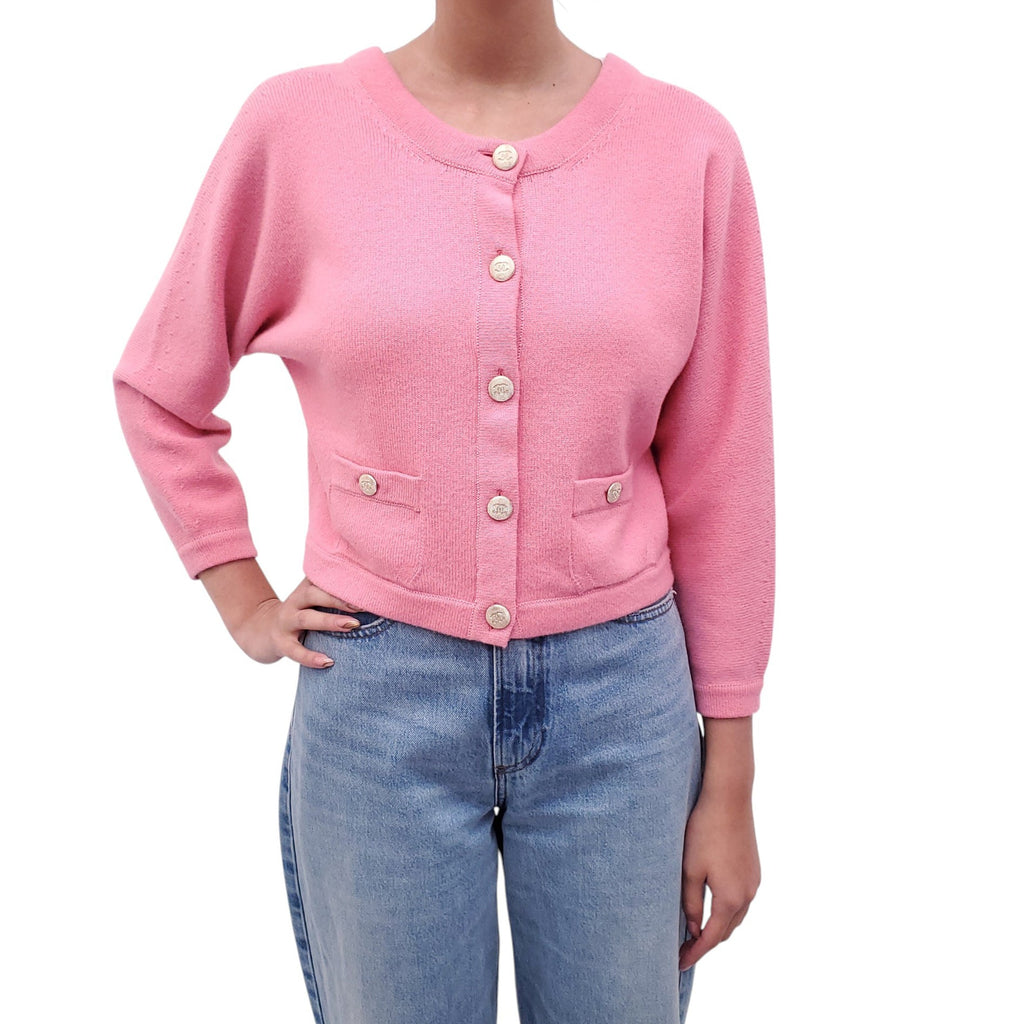 CHANEL PINK CASHMERE CARDIGAN WITH LOGO BUTTONS - SIZE 34