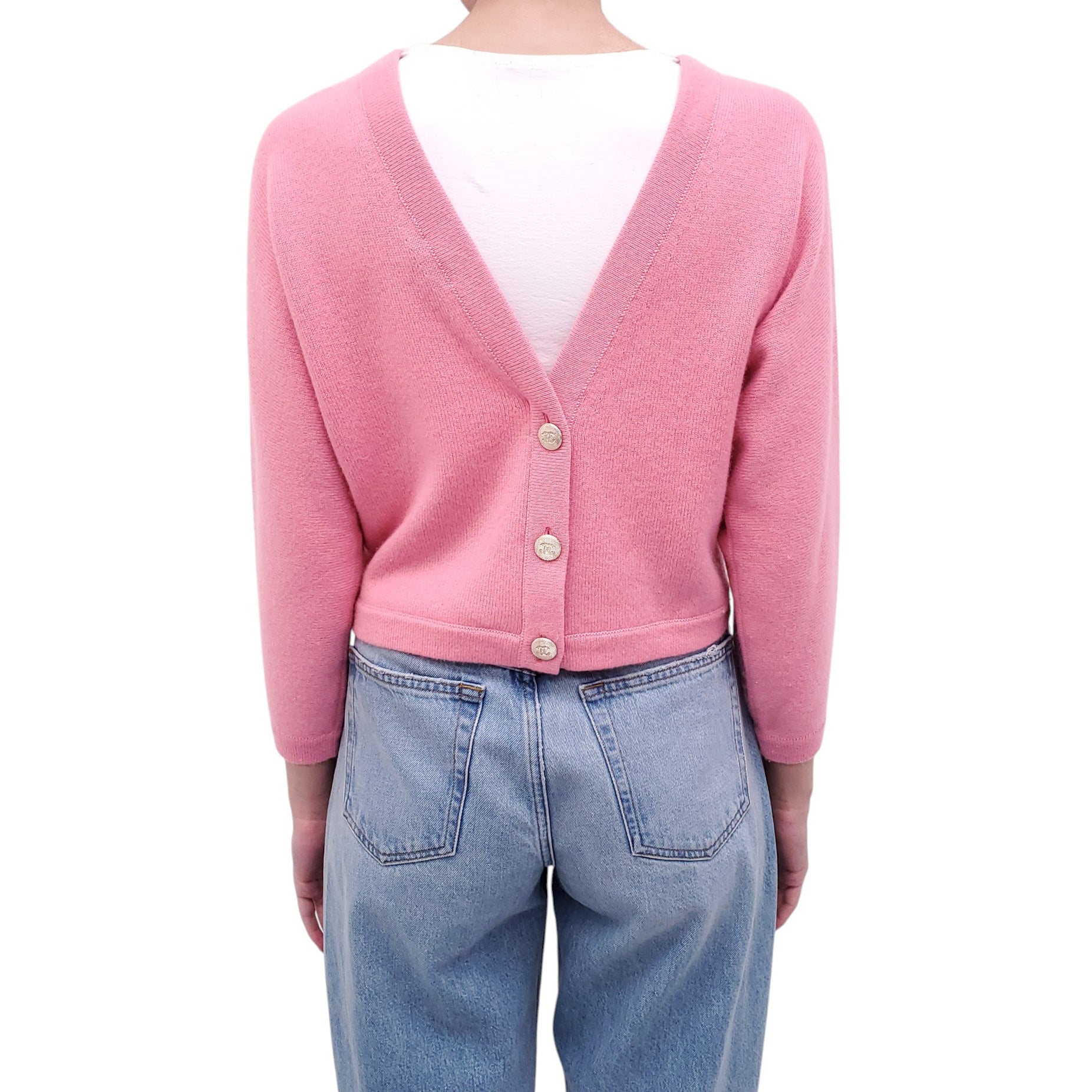 CHANEL PINK CASHMERE CARDIGAN WITH LOGO BUTTONS - SIZE 34
