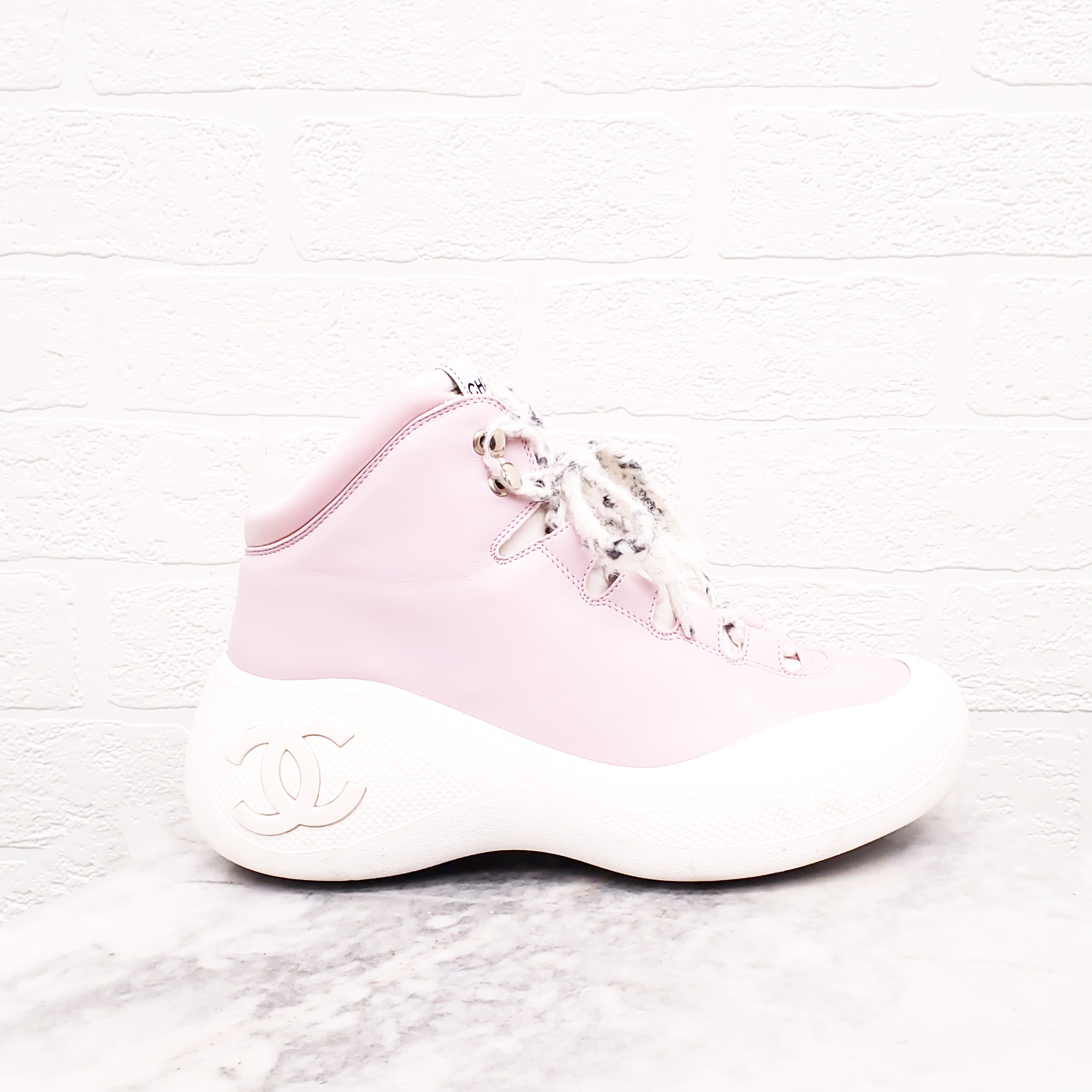 CHANEL PINK LEATHER LOGO BOOTS - SIZE 38.5