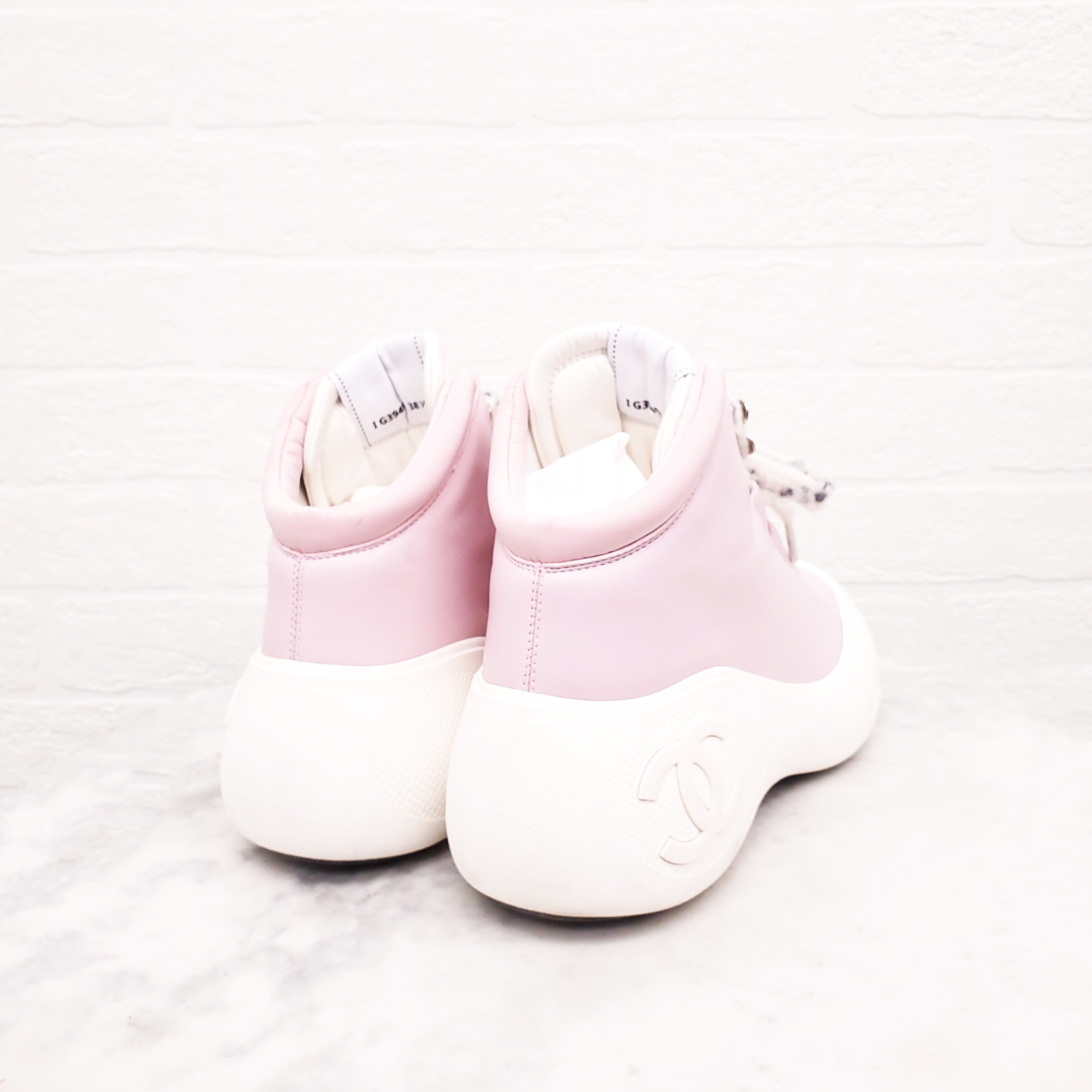 CHANEL PINK LEATHER LOGO BOOTS - SIZE 38.5