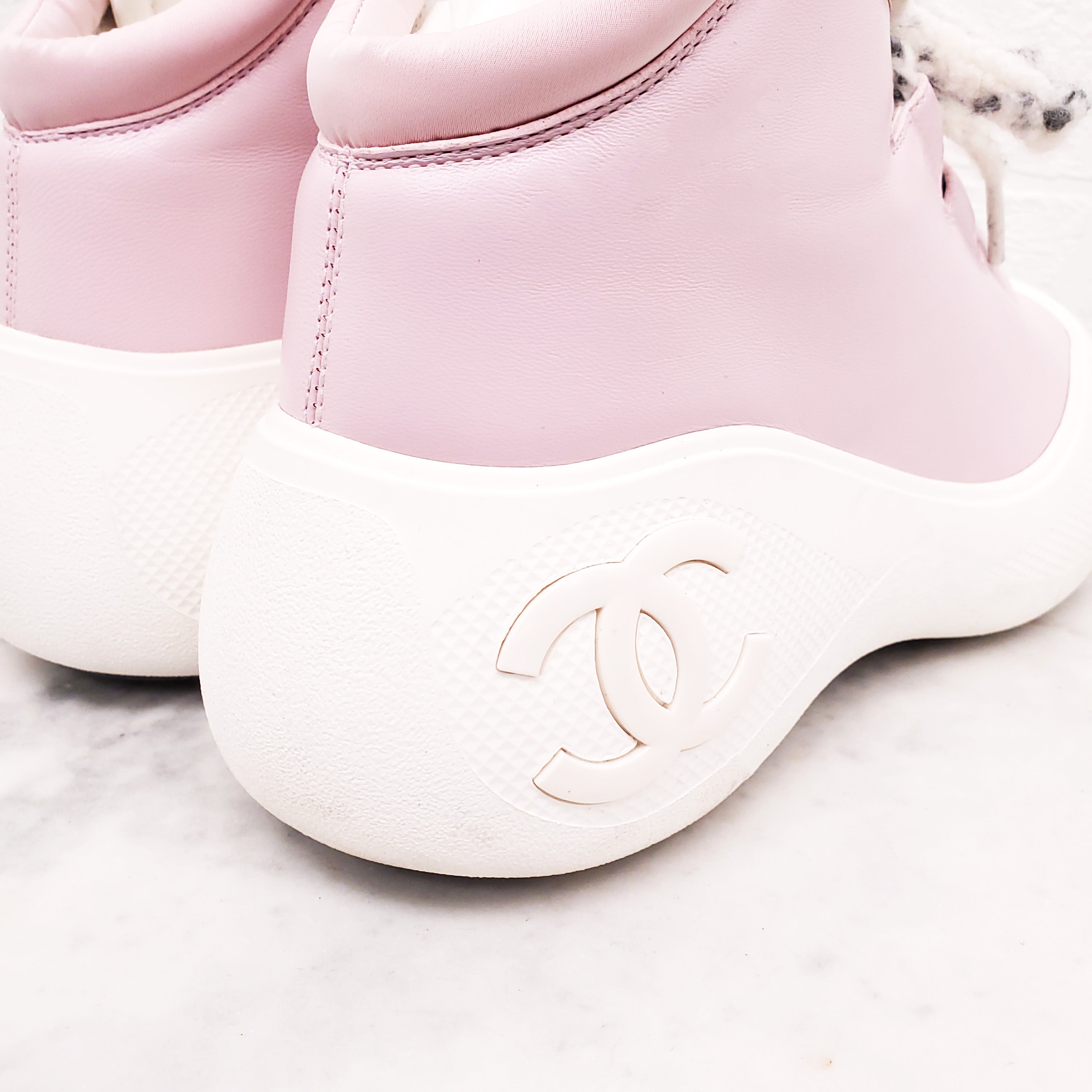 CHANEL PINK LEATHER LOGO BOOTS - SIZE 38.5
