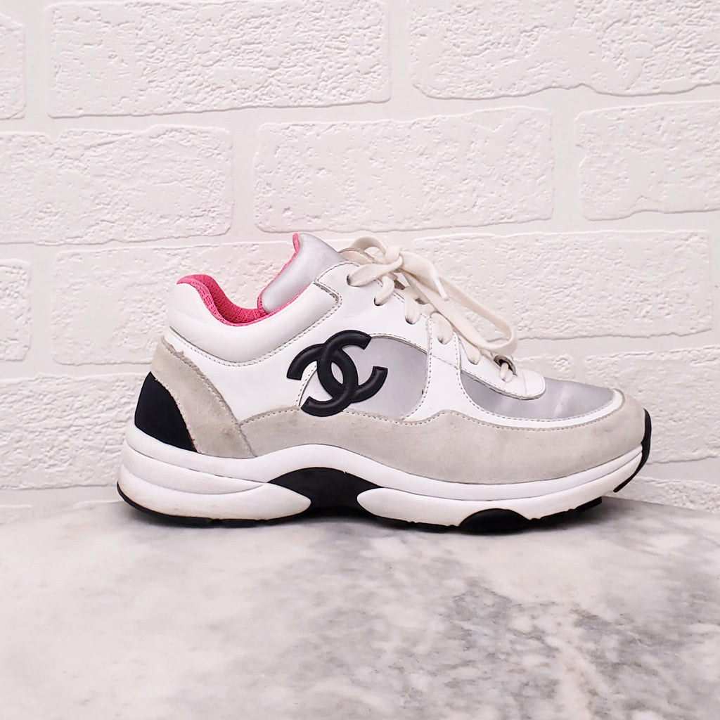 CHANEL PINK, SILVER AND WHITE SNEAKERS - SIZE 35