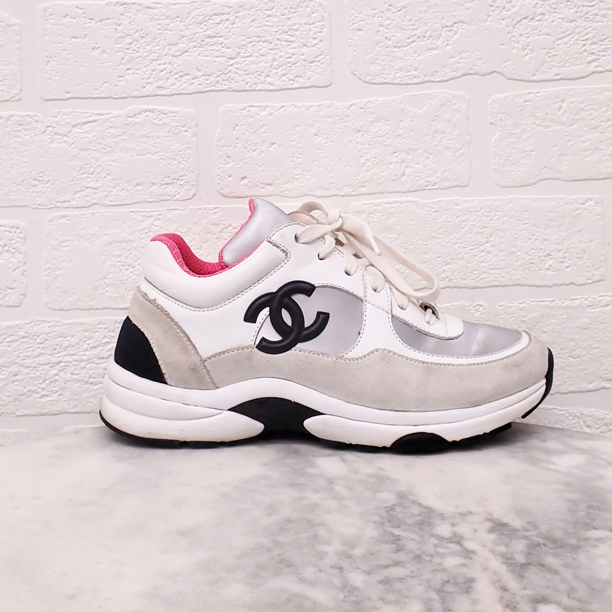 CHANEL PINK, SILVER AND WHITE SNEAKERS - SIZE 35