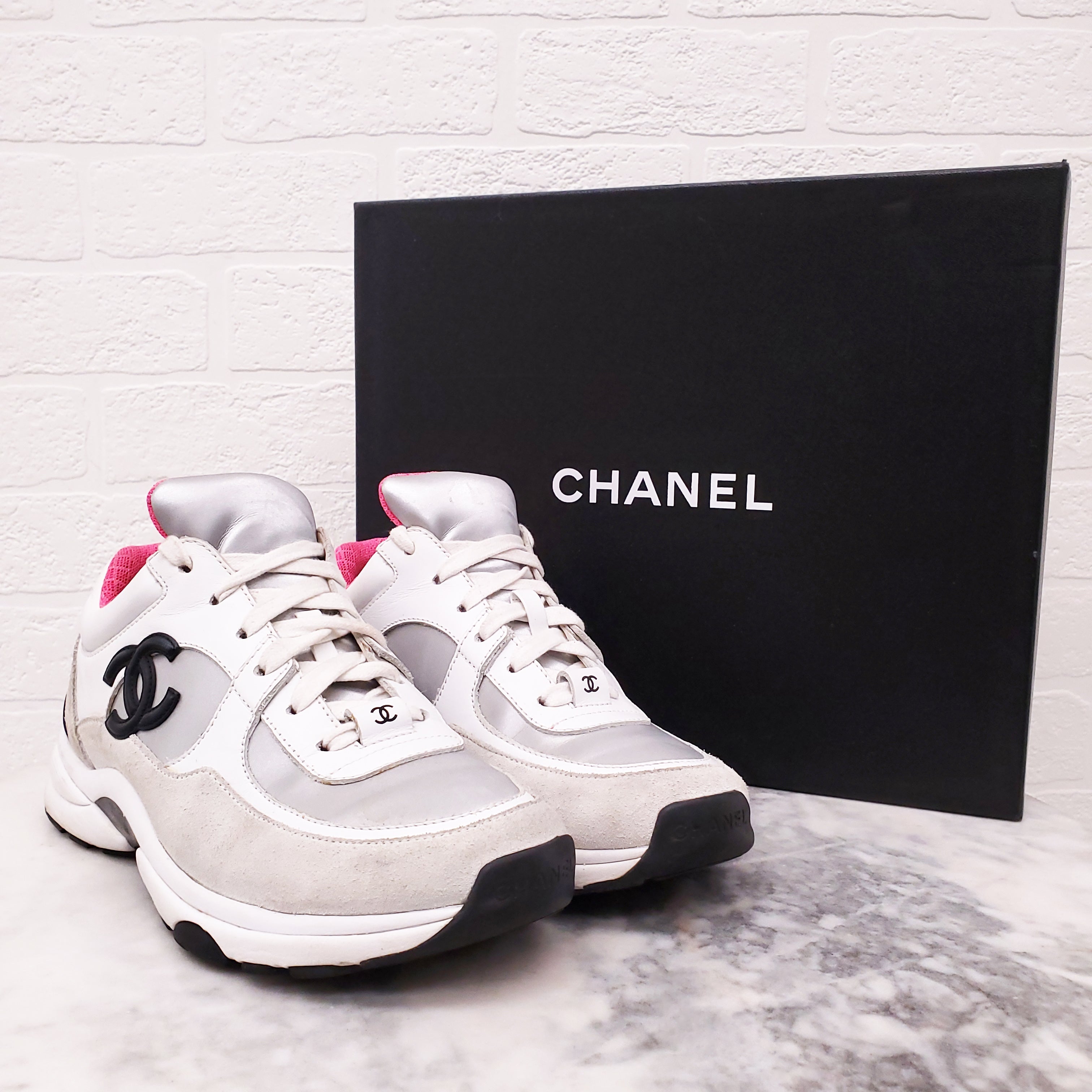 CHANEL PINK, SILVER AND WHITE SNEAKERS - SIZE 35