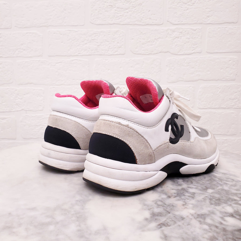 CHANEL PINK, SILVER AND WHITE SNEAKERS - SIZE 35