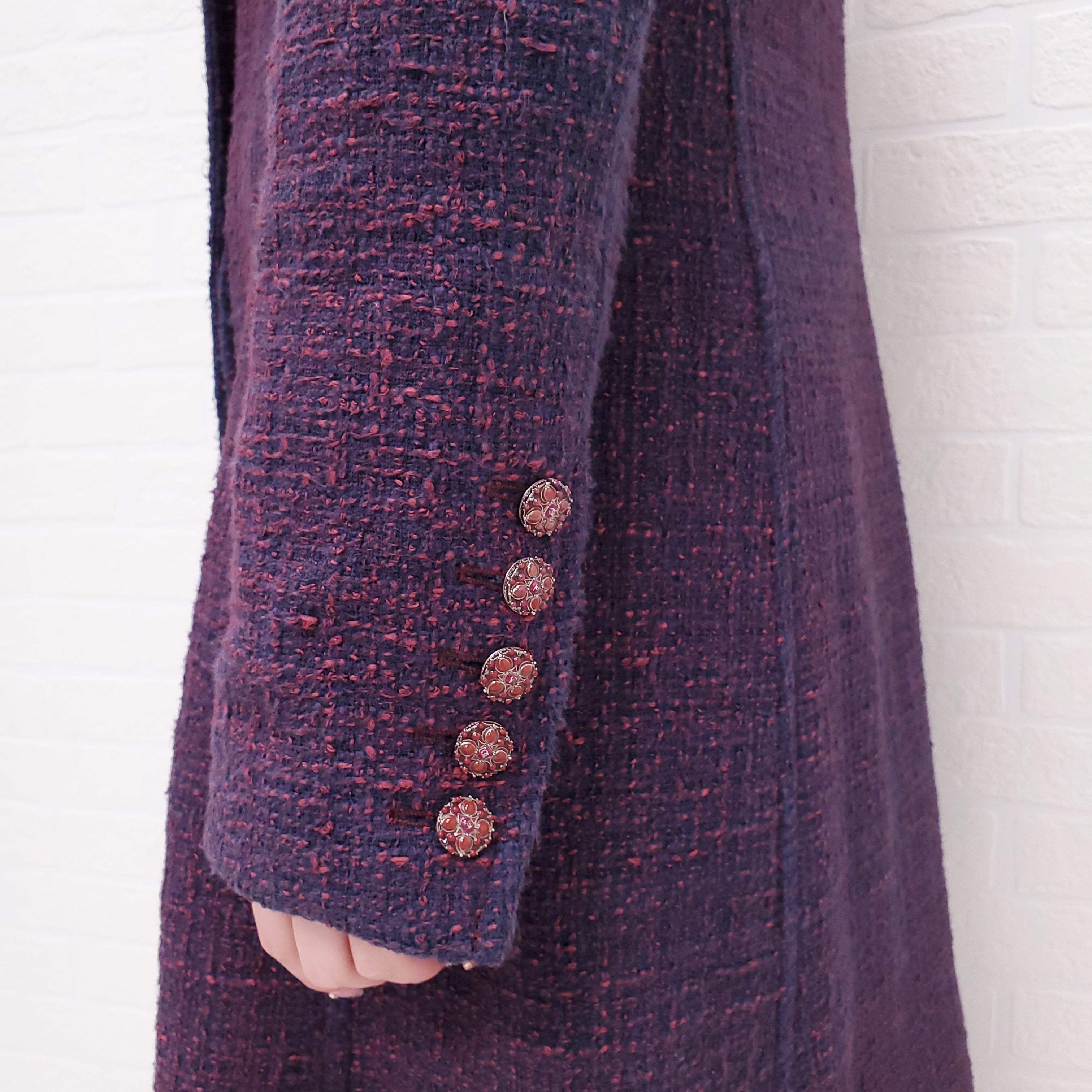 CHANEL PURPLE TWEED LONG COAT WITH LOGO BUTTONS - SIZE 40