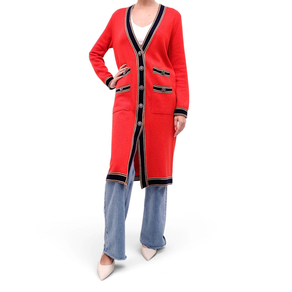 CHANEL RED CASHMERE LONG CARDIGAN WITH LOGO BUTTONS - SIZE 38