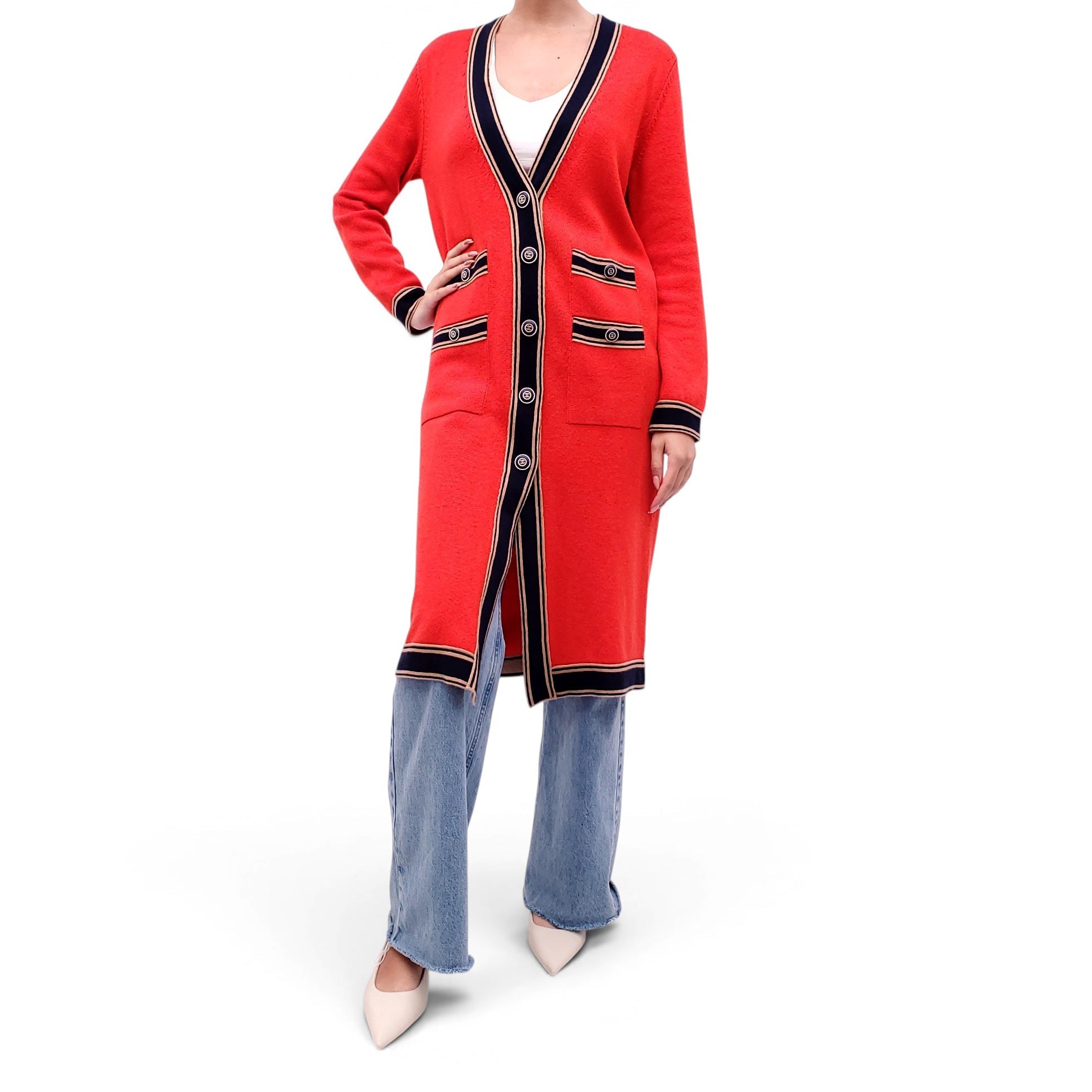 CHANEL RED CASHMERE LONG CARDIGAN WITH LOGO BUTTONS - SIZE 38