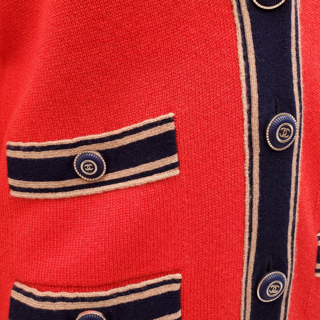 CHANEL RED CASHMERE LONG CARDIGAN WITH LOGO BUTTONS - SIZE 38