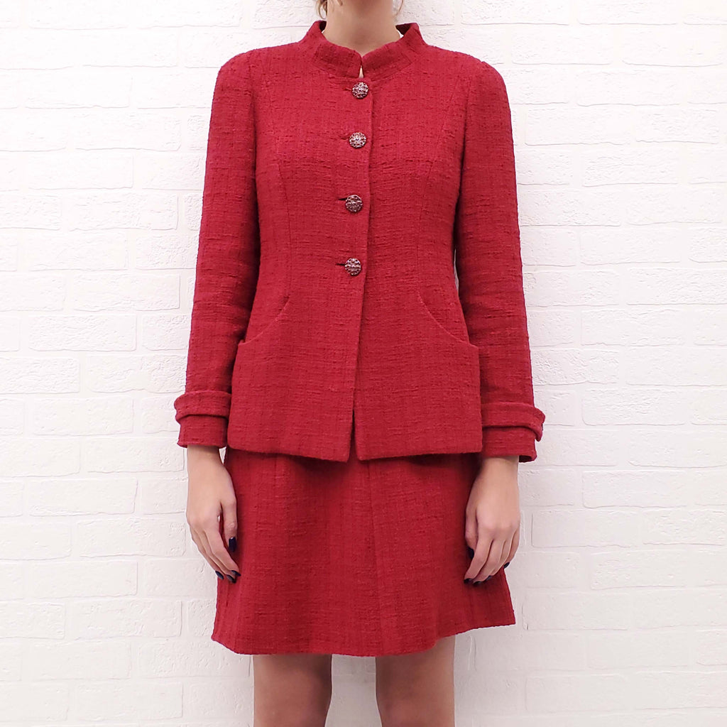 CHANEL RED TWEED SUIT WITH CRYSTAL BUTTONS - SIZE 42