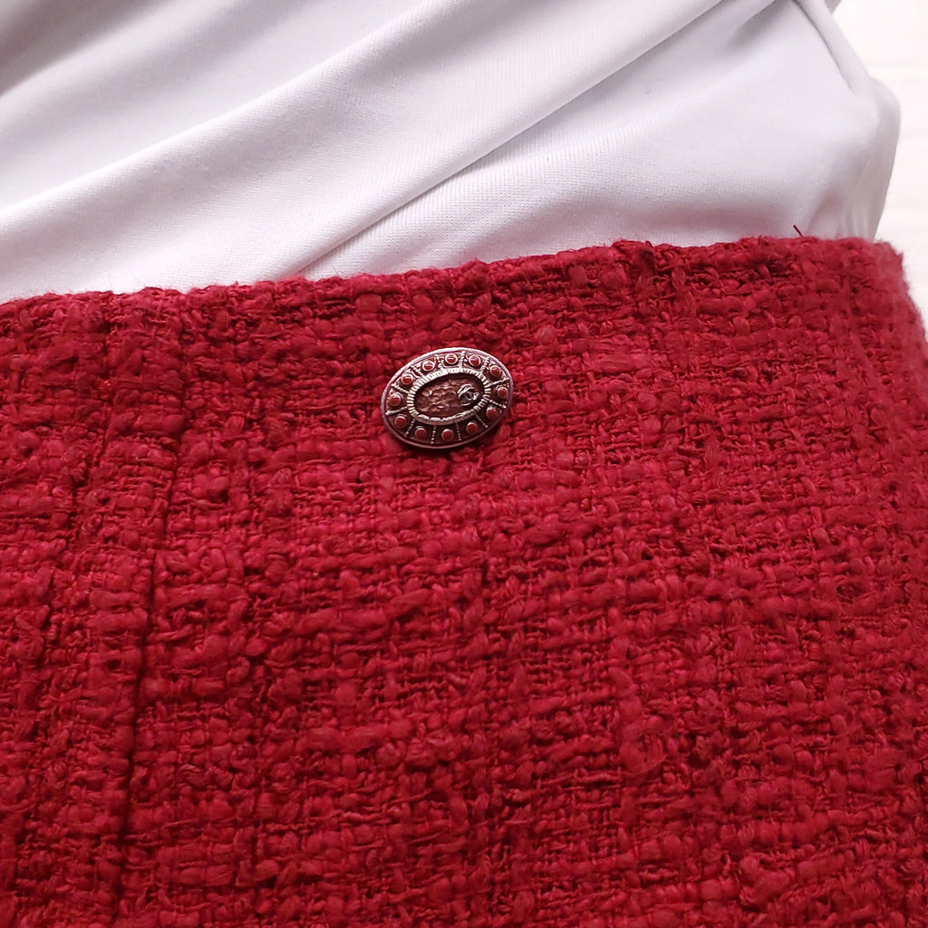 CHANEL RED TWEED SUIT WITH CRYSTAL BUTTONS - SIZE 42