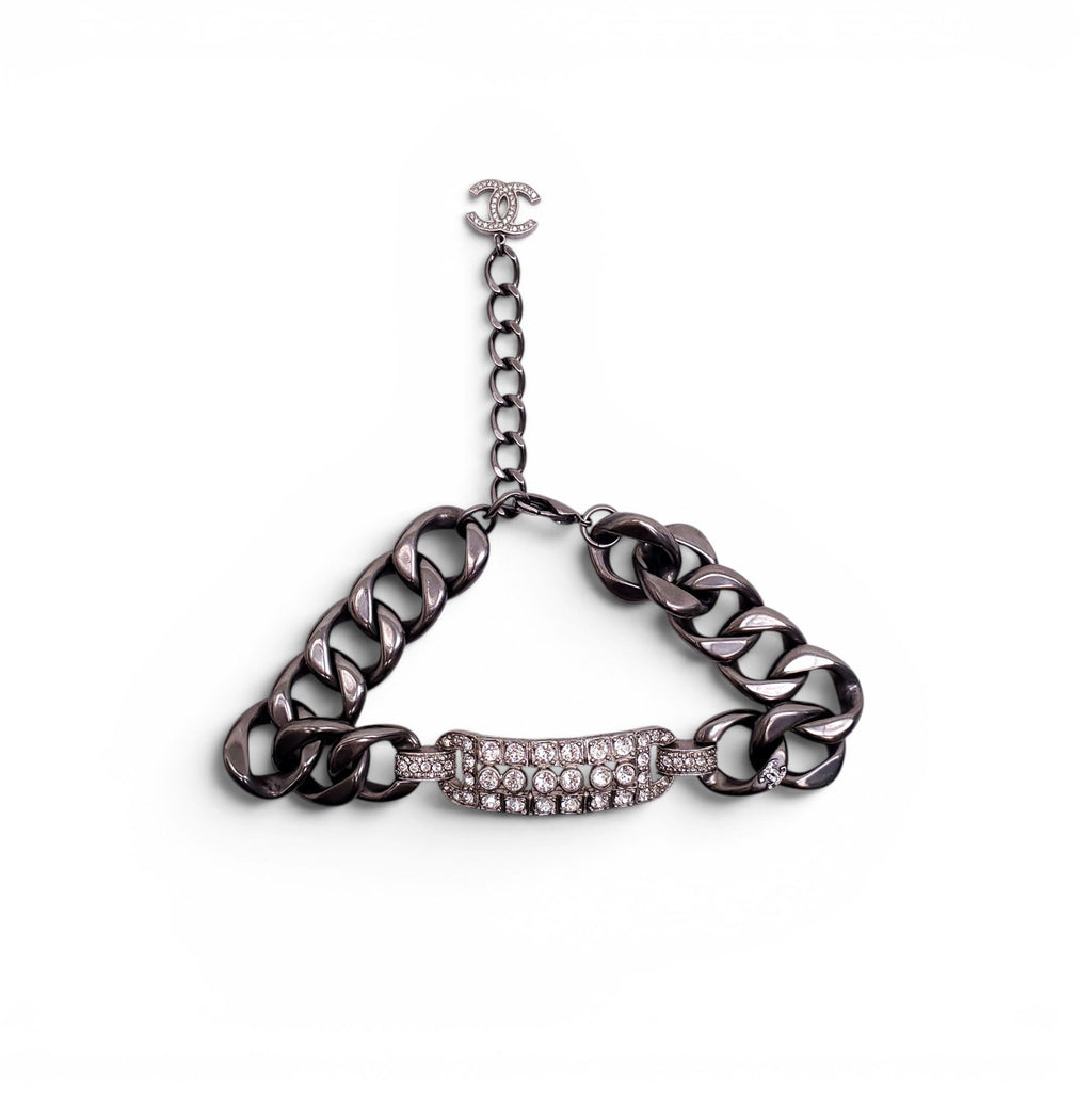 CHANEL SILVER CHAIN AND CRYSTAL CHOKER NECKLACE