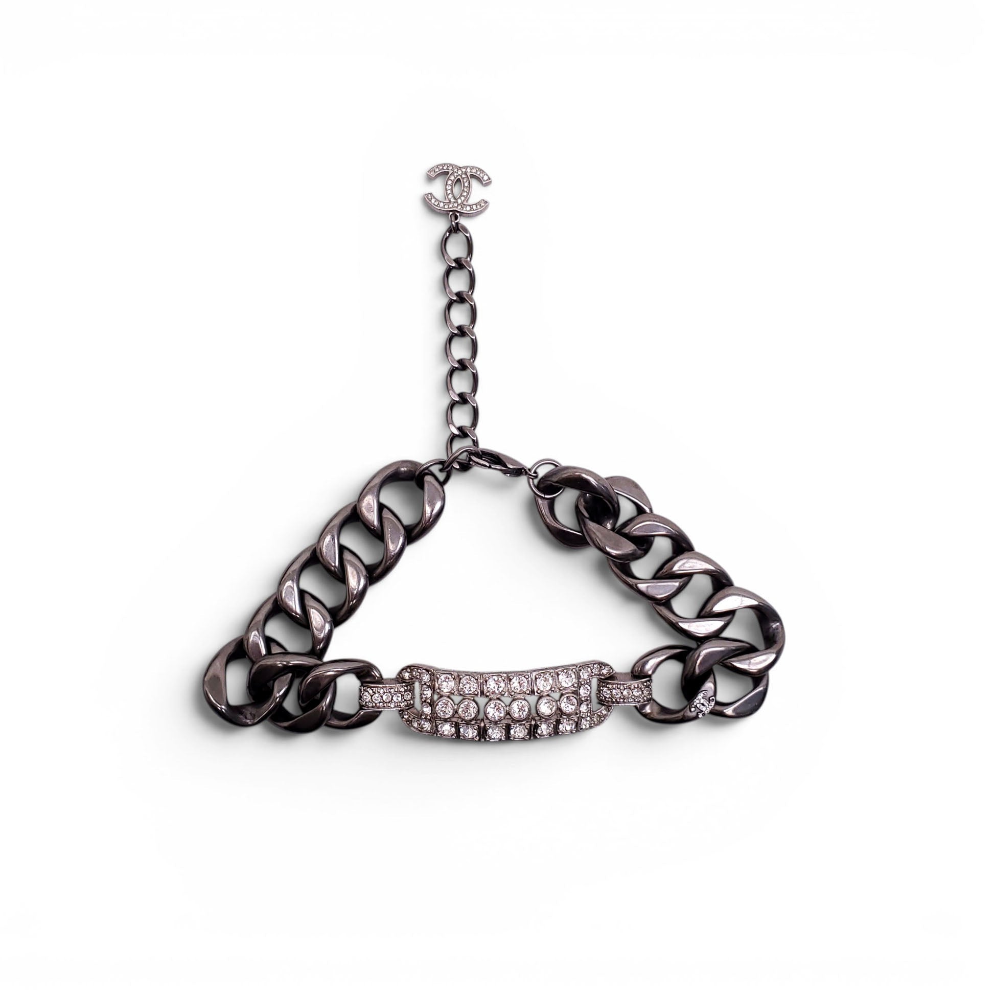 CHANEL SILVER CHAIN AND CRYSTAL CHOKER NECKLACE