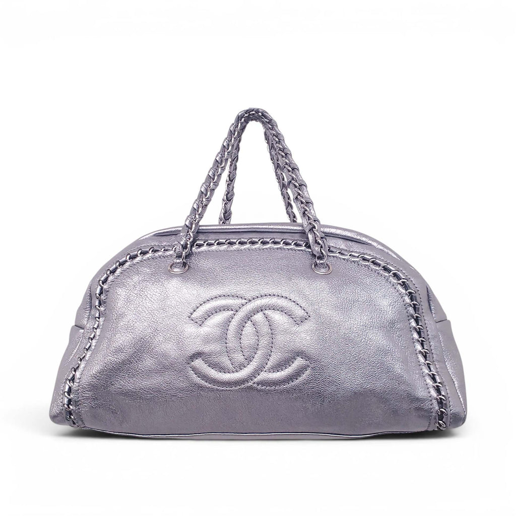 CHANEL SILVER METALLIC LARGE LUX LIGNE BOWLER BAG