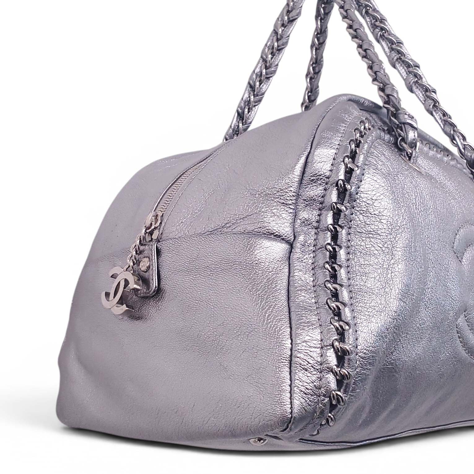 CHANEL SILVER METALLIC LARGE LUX LIGNE BOWLER BAG