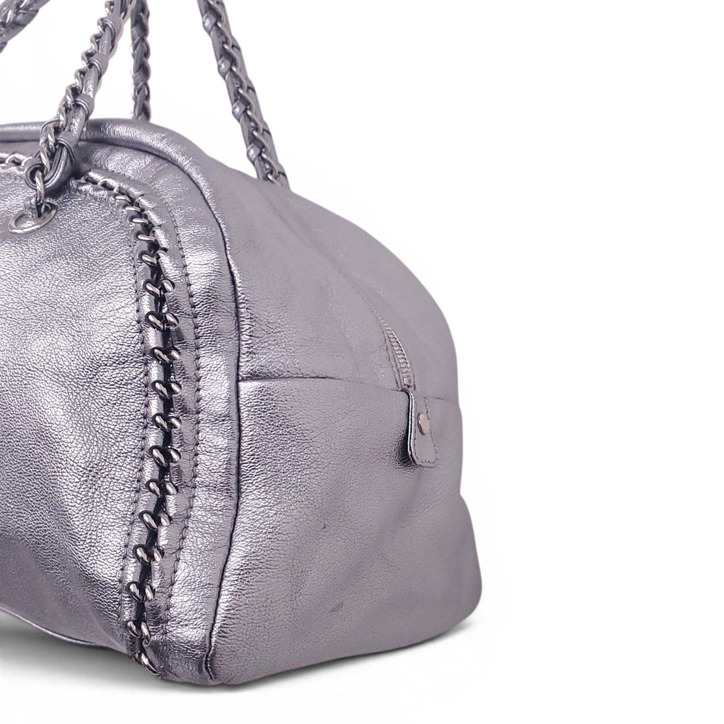 CHANEL SILVER METALLIC LARGE LUX LIGNE BOWLER BAG
