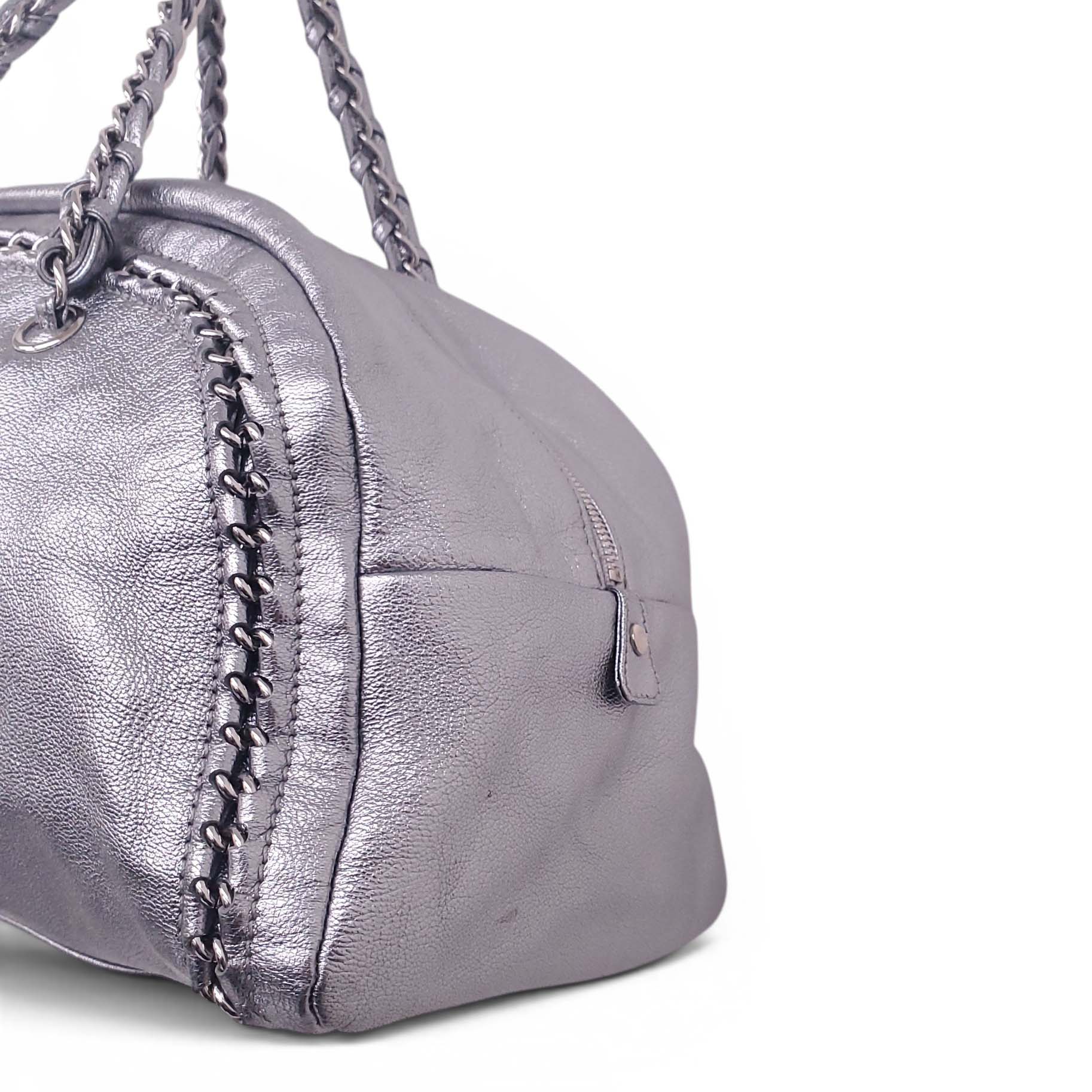 CHANEL SILVER METALLIC LARGE LUX LIGNE BOWLER BAG