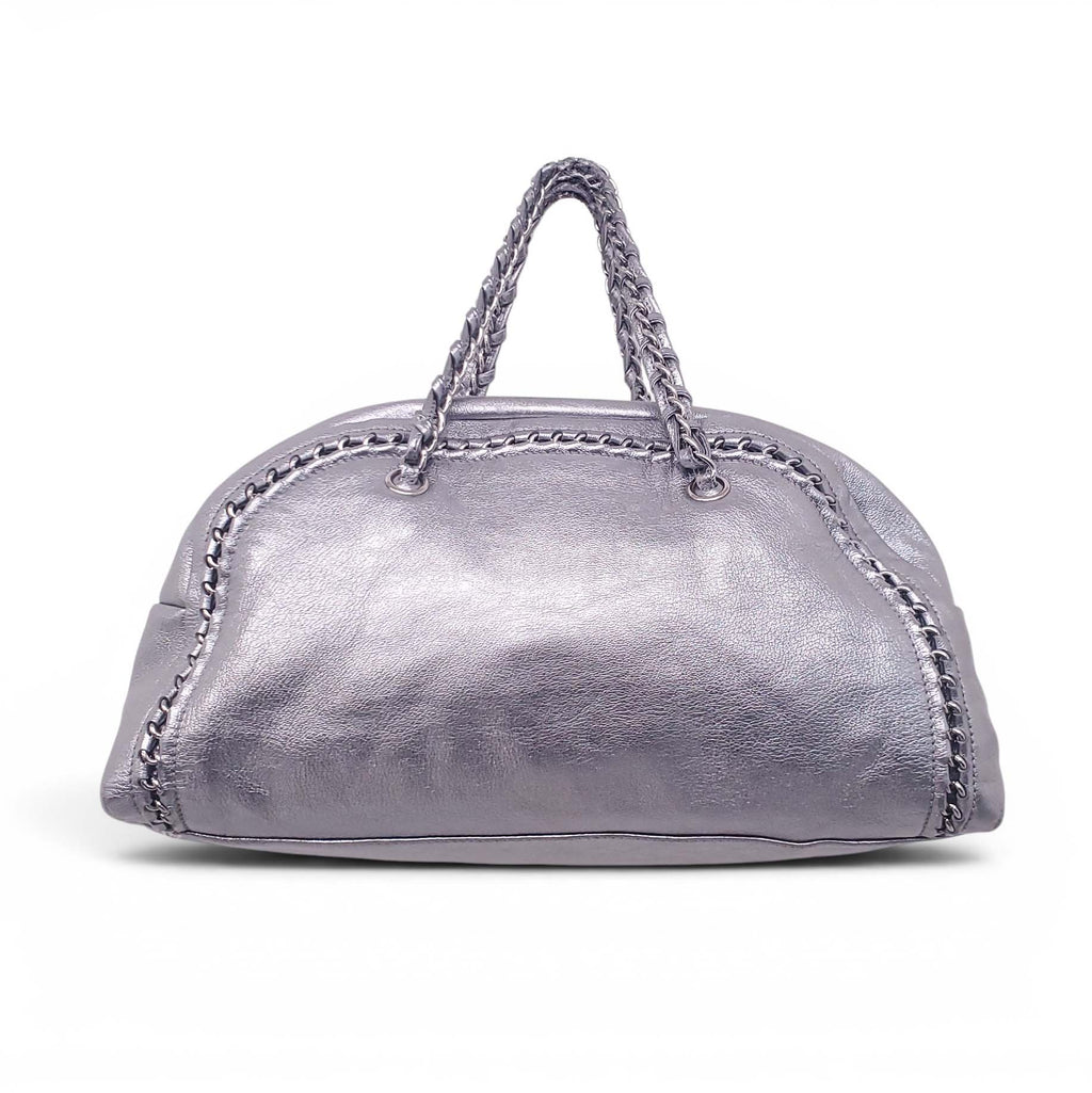 CHANEL SILVER METALLIC LARGE LUX LIGNE BOWLER BAG
