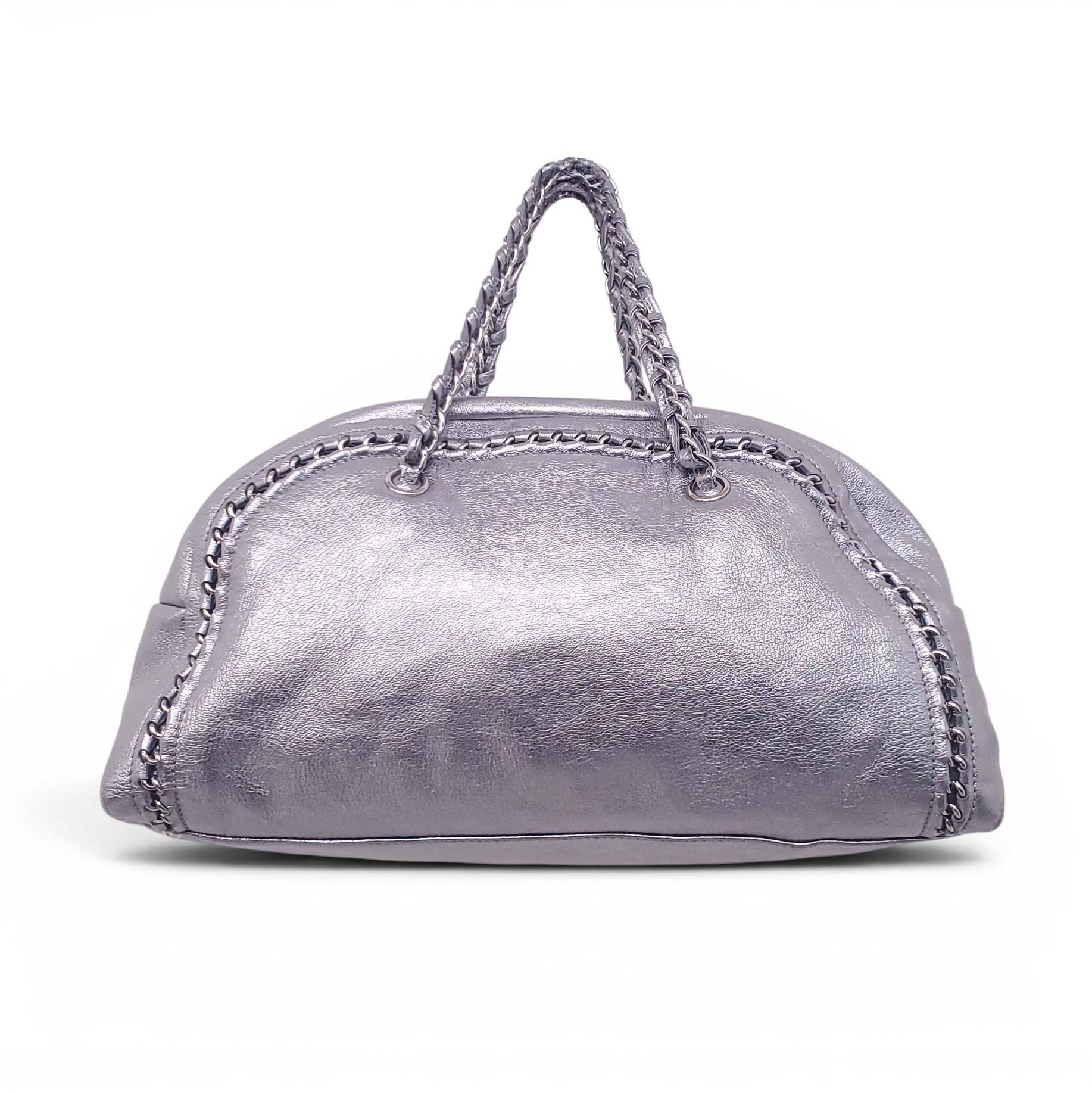 CHANEL SILVER METALLIC LARGE LUX LIGNE BOWLER BAG